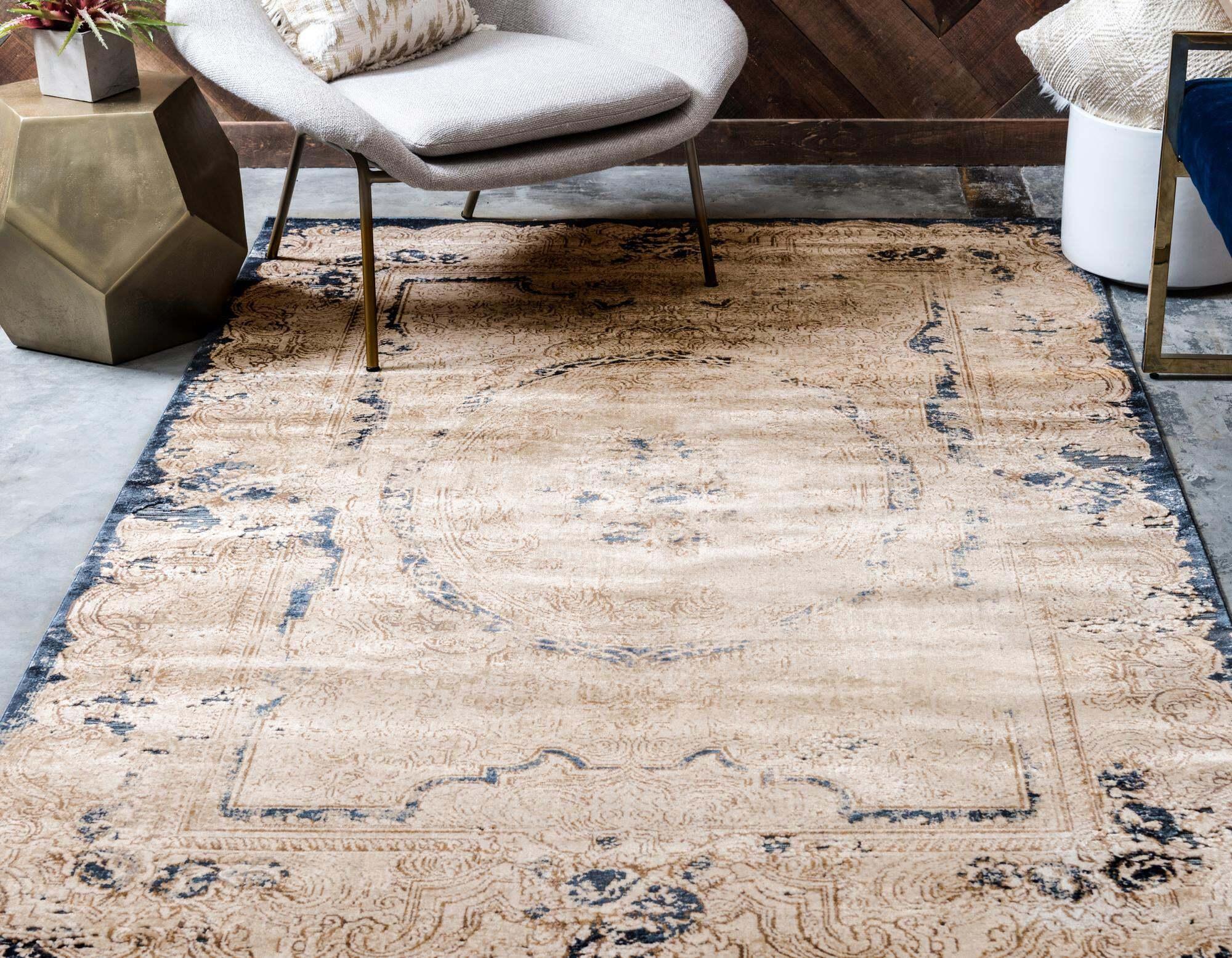 Unique Loom Indoor Rugs - Chateau Border Rectangular 8x10 Rug Beige & Navy Blue