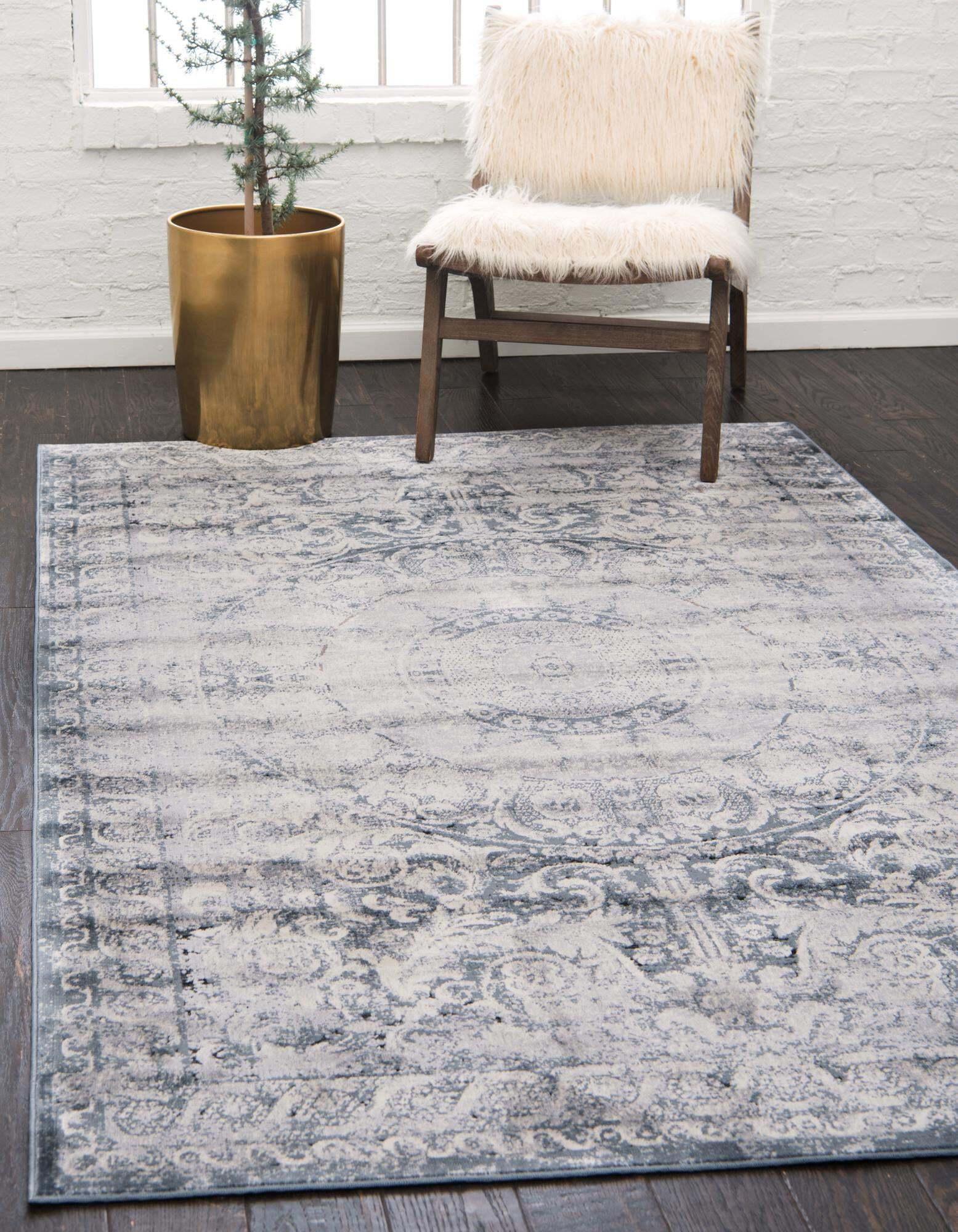 Unique Loom Indoor Rugs - Chateau Border Rectangular 8x10 Rug Navy Blue & Gray