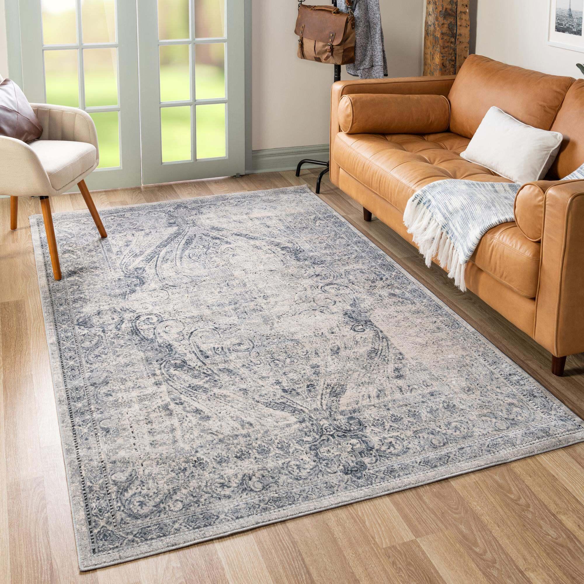 Unique Loom Indoor Rugs - Chateau Border Rectangular 8x10 Rug Navy Blue & Ivory