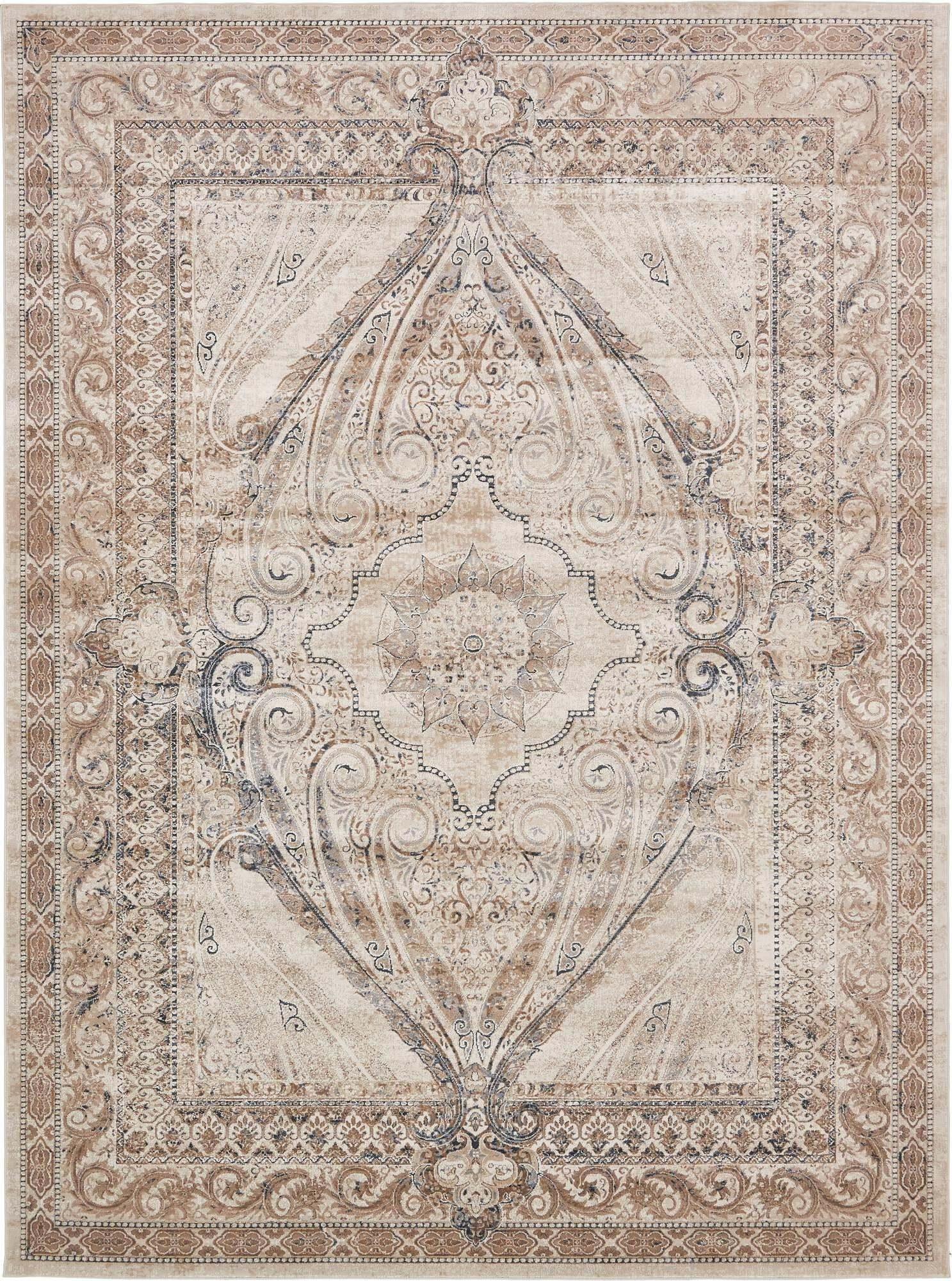 Unique Loom Indoor Rugs - Chateau Border Rectangular 9x12 Rug Beige & Light Brown