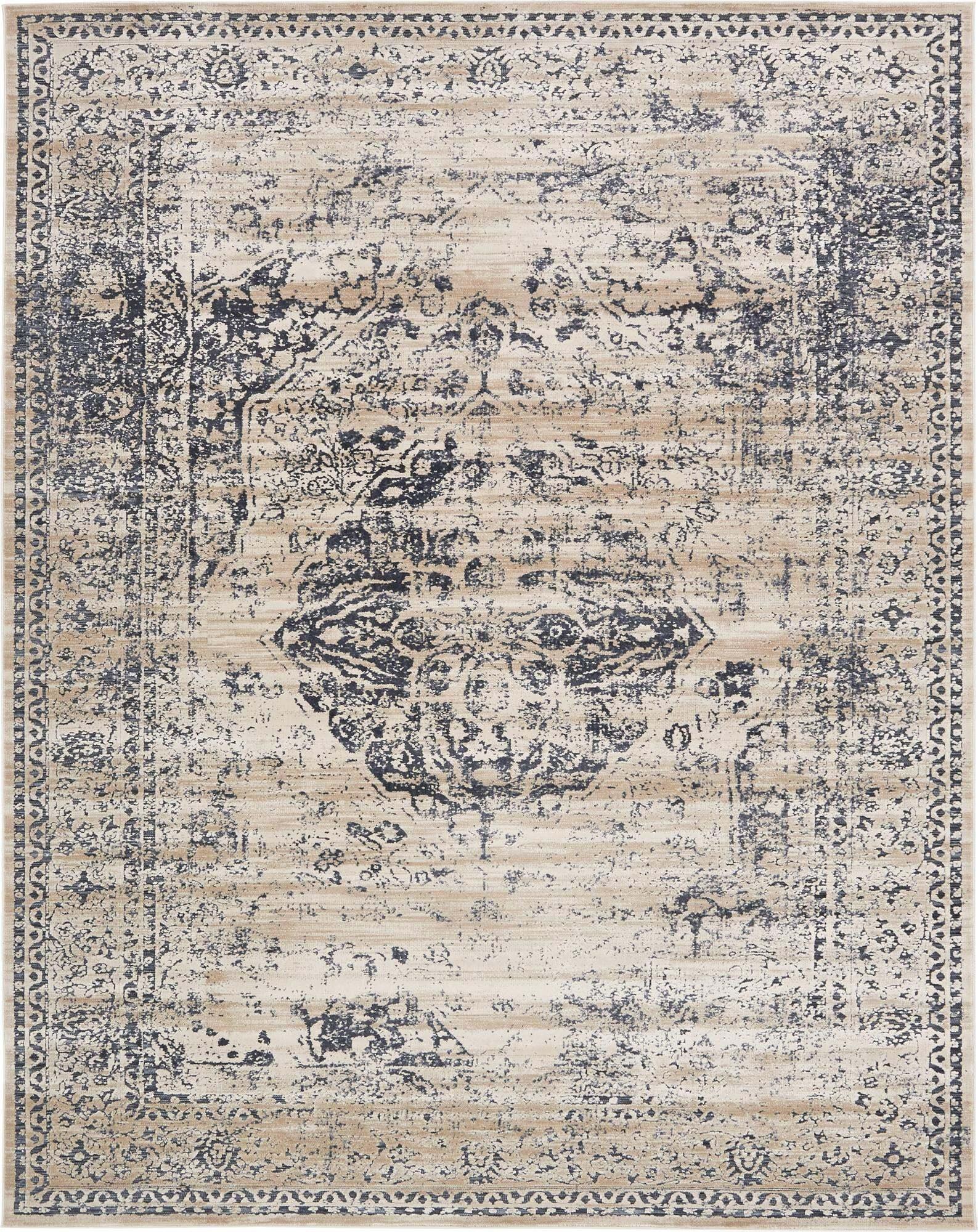 Unique Loom Indoor Rugs - Chateau Rectangular 8x10 Rug Beige & Navy Blue