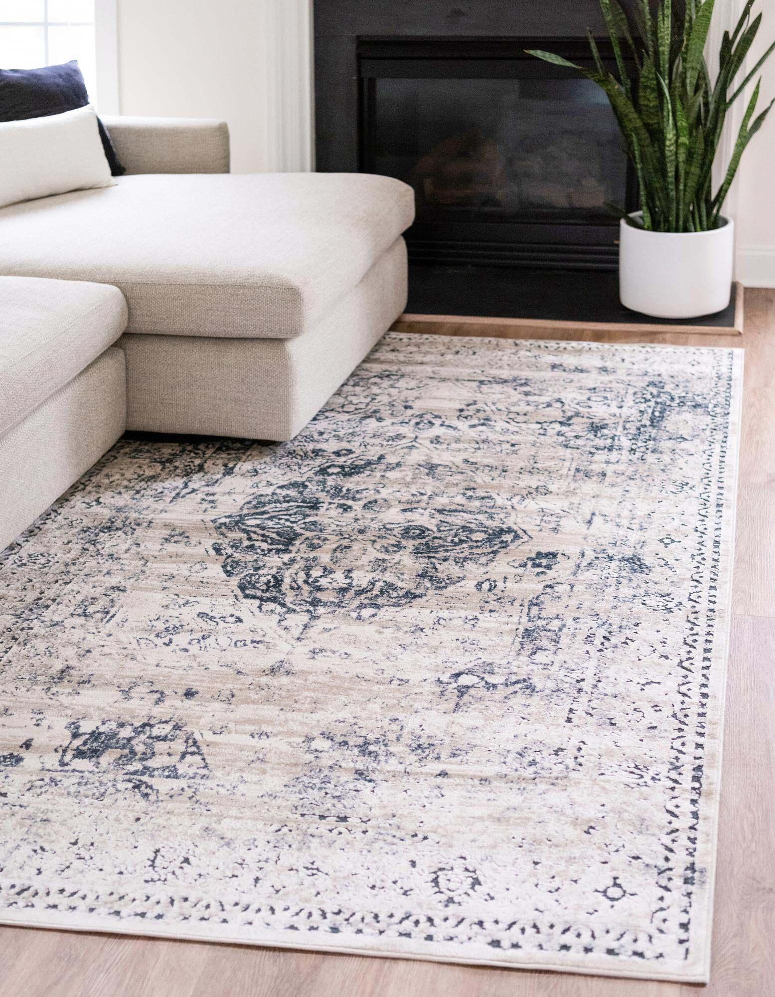 Unique Loom Indoor Rugs - Chateau Rectangular 8x10 Rug Beige & Navy Blue