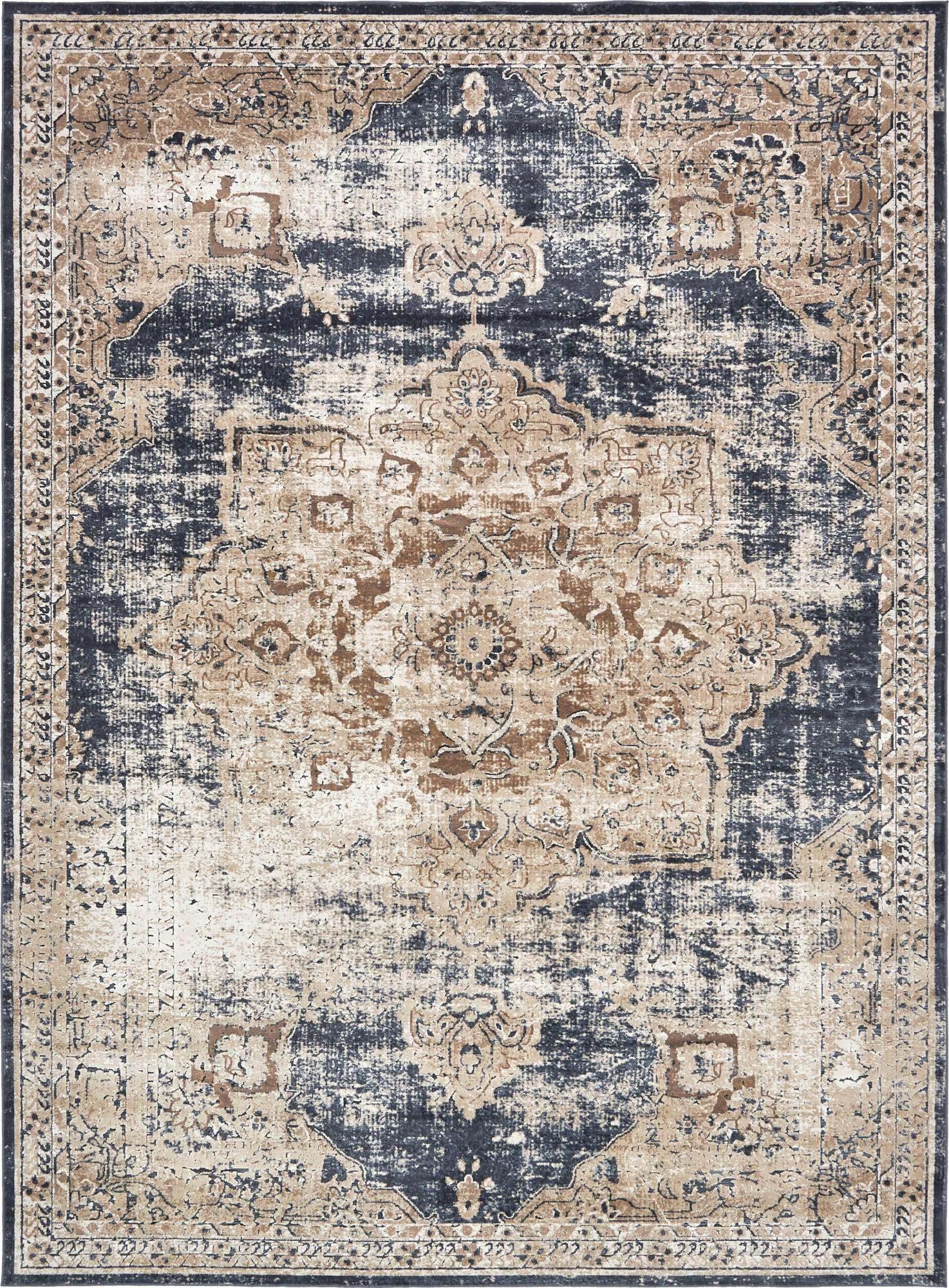 Unique Loom Indoor Rugs - Chateau Rectangular 9x12 Rug Beige & Navy Blue
