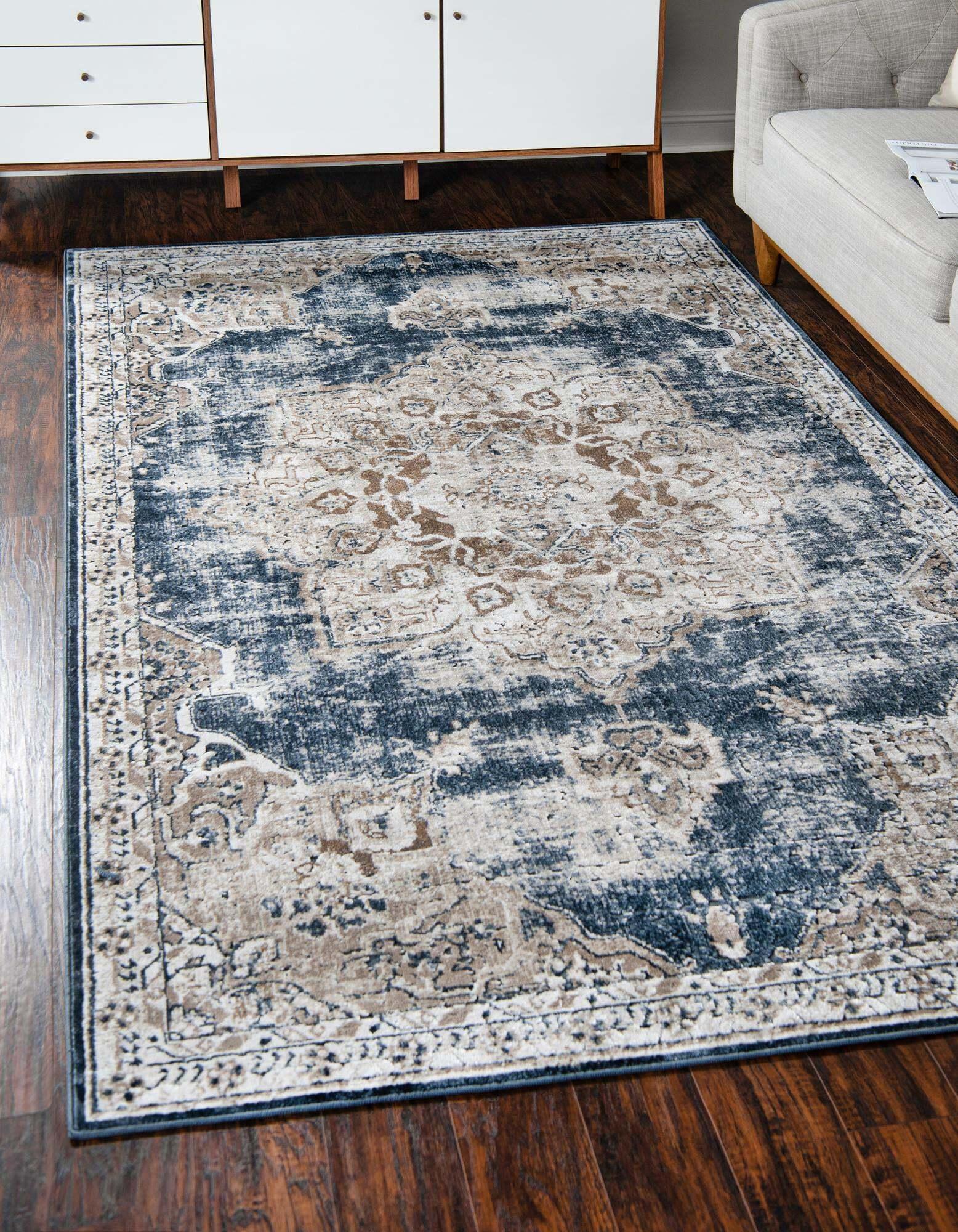 Unique Loom Indoor Rugs - Chateau Rectangular 9x12 Rug Beige & Navy Blue