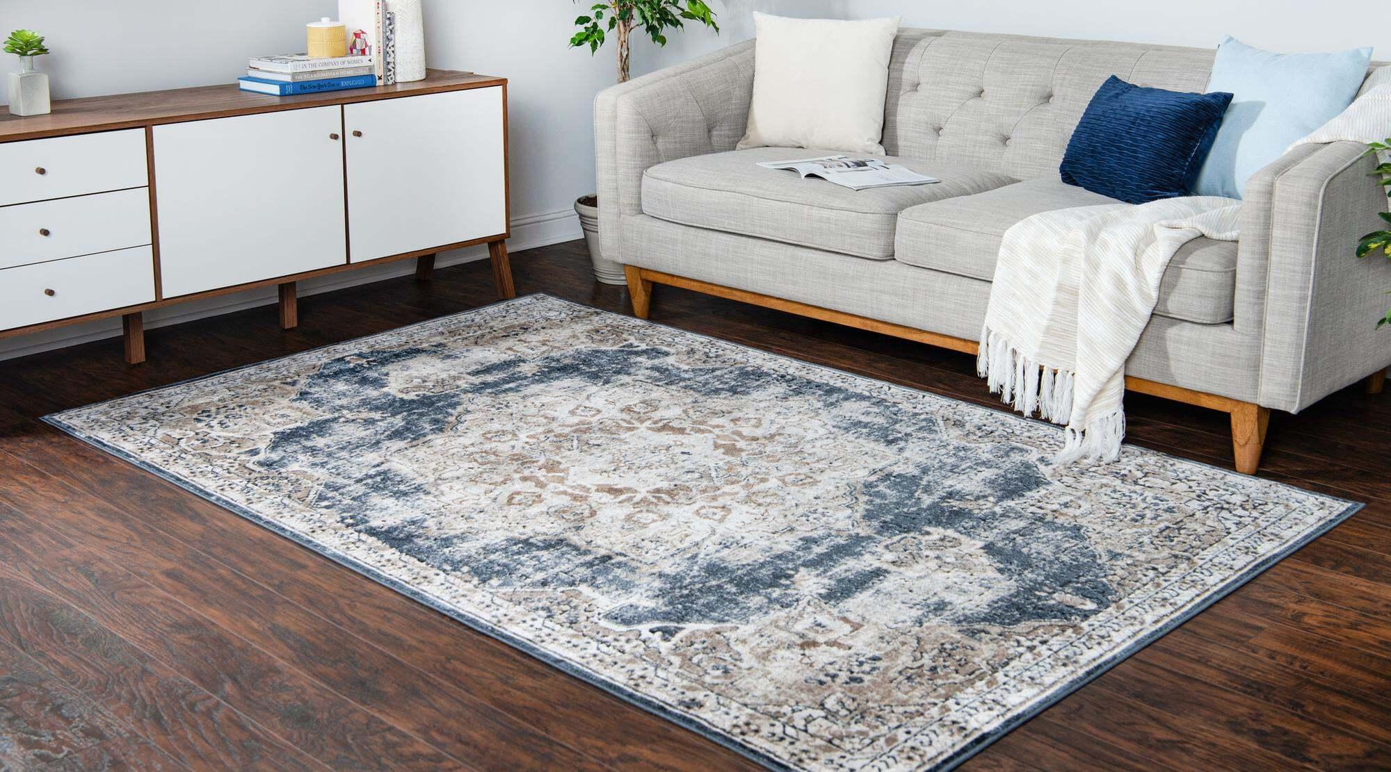 Unique Loom Indoor Rugs - Chateau Rectangular 9x12 Rug Beige & Navy Blue