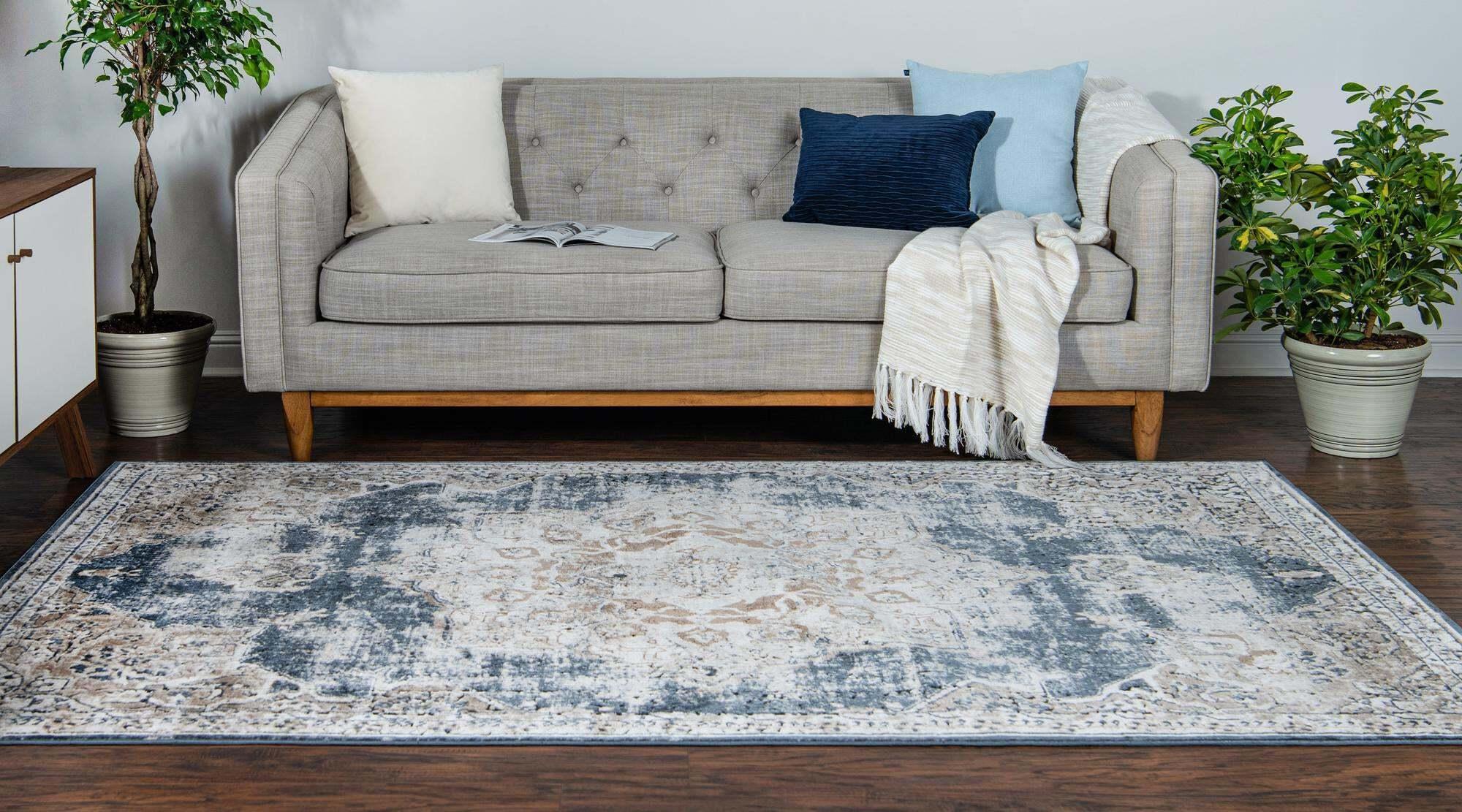 Unique Loom Indoor Rugs - Chateau Rectangular 9x12 Rug Beige & Navy Blue
