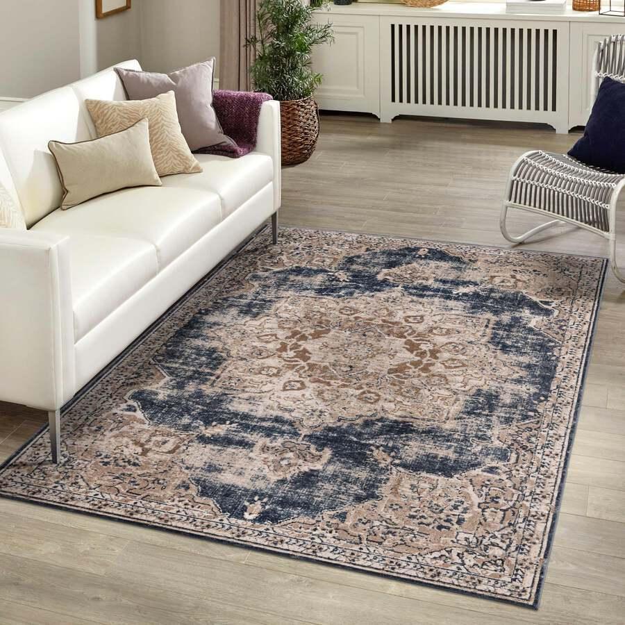 Unique Loom Indoor Rugs - Chateau Traditional 10x14 Rectangular Rug Beige/Navy Blue