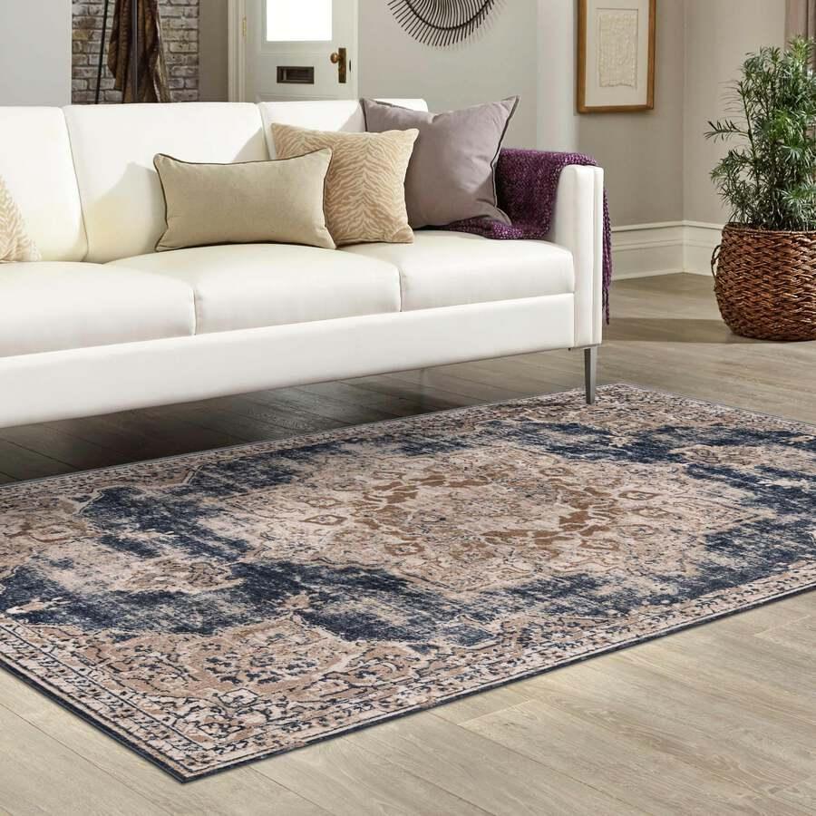 Unique Loom Indoor Rugs - Chateau Traditional 10x14 Rectangular Rug Beige/Navy Blue