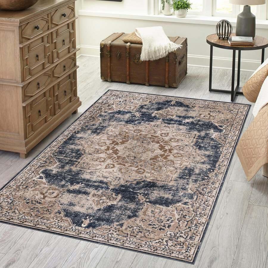 Unique Loom Indoor Rugs - Chateau Traditional 10x14 Rectangular Rug Beige/Navy Blue