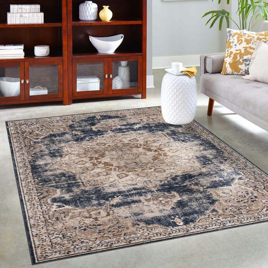 Unique Loom Indoor Rugs - Chateau Traditional 10x14 Rectangular Rug Beige/Navy Blue