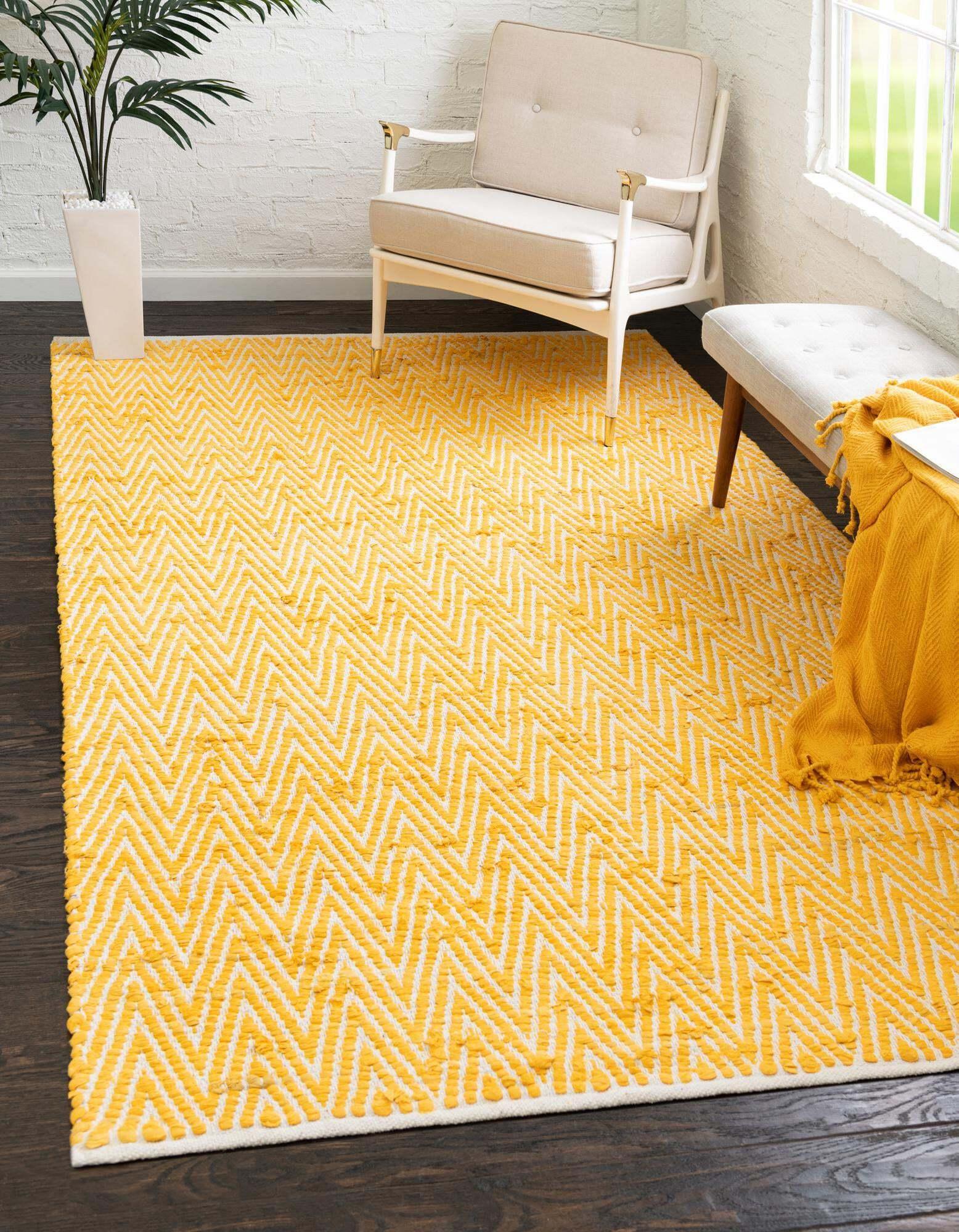 Unique Loom Indoor Rugs - Chindi Chevron Chevron Rectangular 9x12 Rug Yellow & Ivory