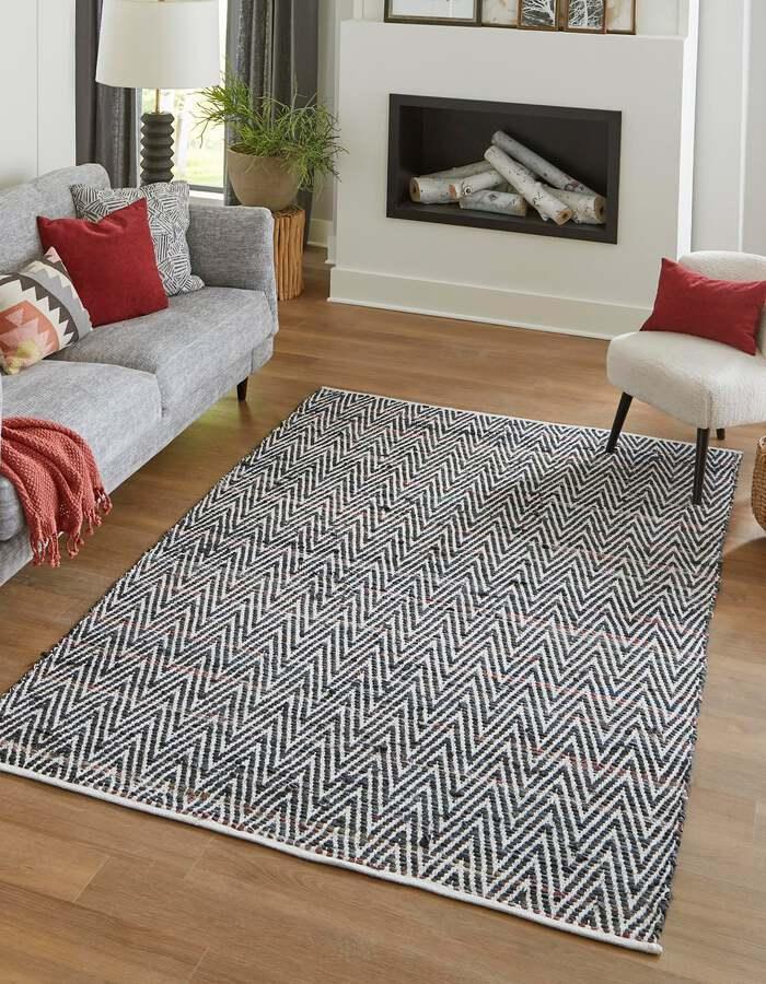 Unique Loom Indoor Rugs - Chindi Chevron Coastal 10x14 Rectangular Rug Black