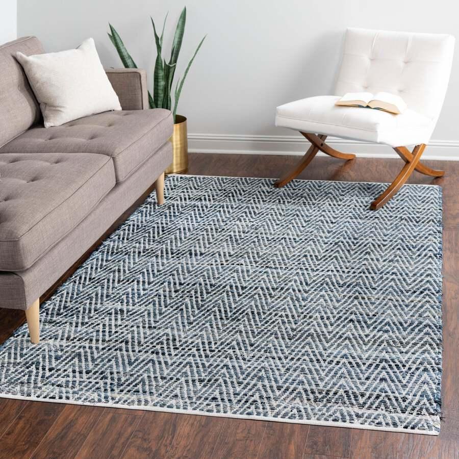Unique Loom Indoor Rugs - Chindi Chevron Coastal 9x12 Rectangular Rug Denim
