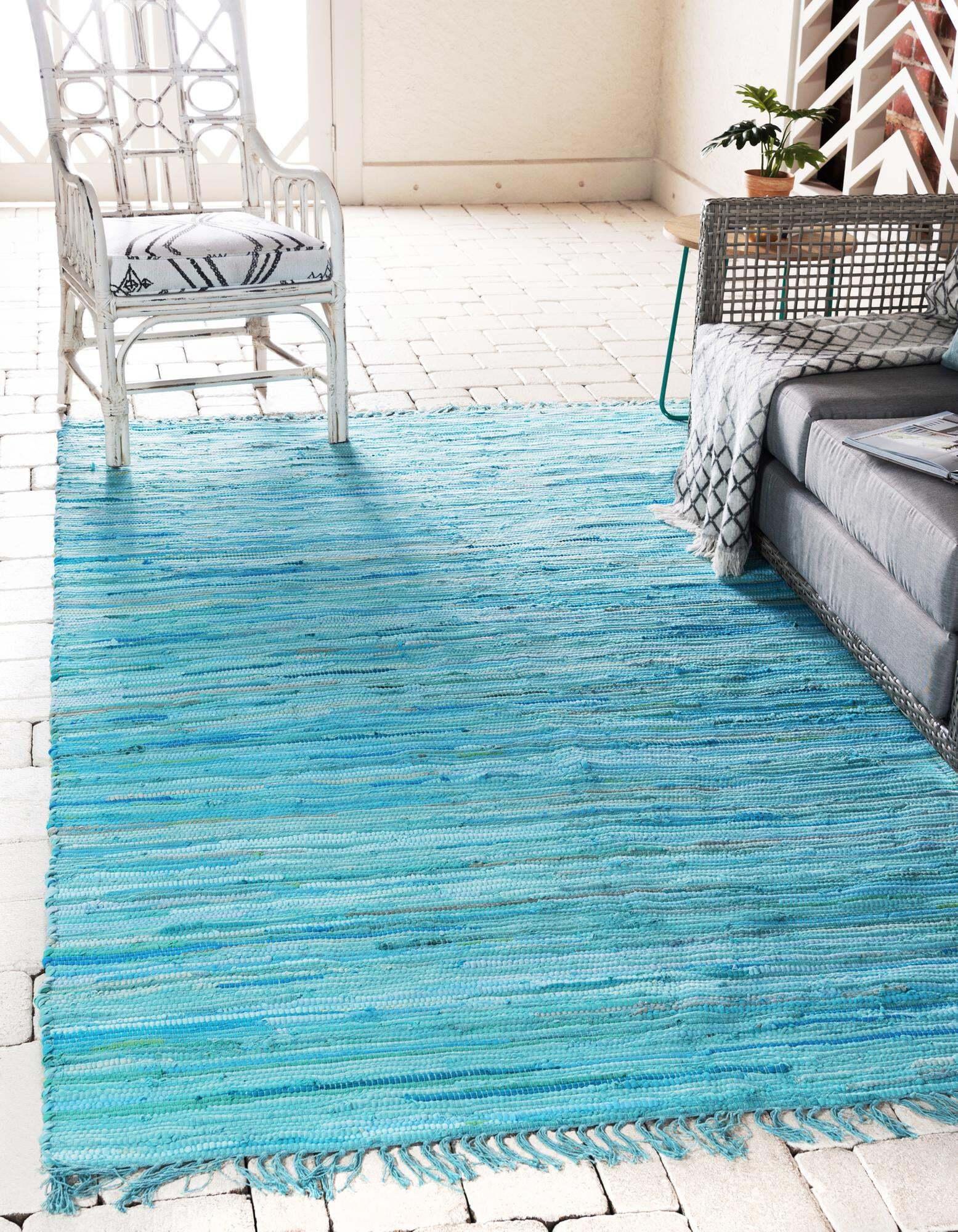 Unique Loom Indoor Rugs - Chindi Cotton Geometric Rectangular 8x10 Rug Turquoise & Ivory