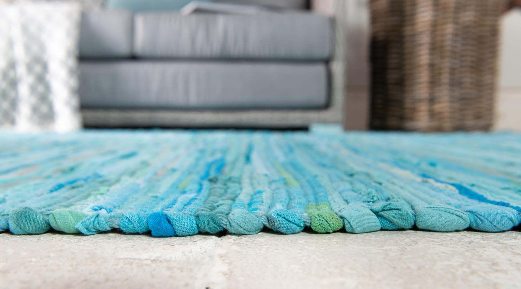 Unique Loom Indoor Rugs - Chindi Cotton Geometric Rectangular 8x10 Rug Turquoise & Ivory