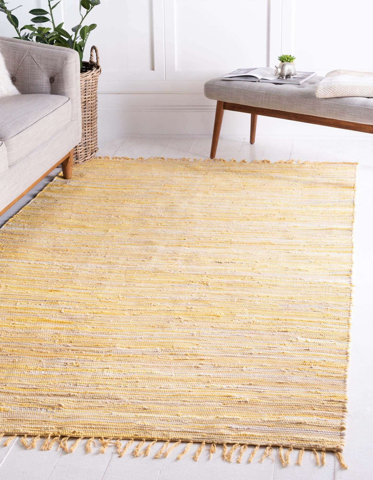 Unique Loom Indoor Rugs - Chindi Cotton Geometric Rectangular 9x12 Rug Yellow & Ivory