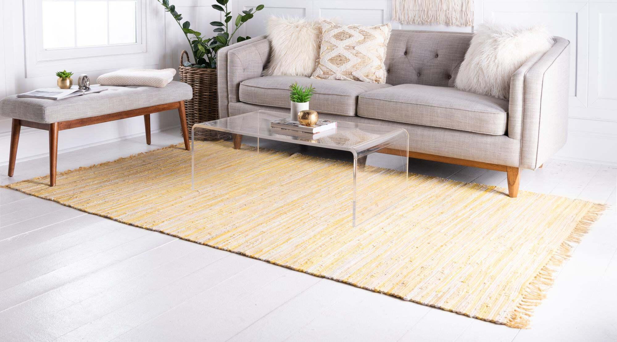 Unique Loom Indoor Rugs - Chindi Cotton Geometric Rectangular 9x12 Rug Yellow & Ivory