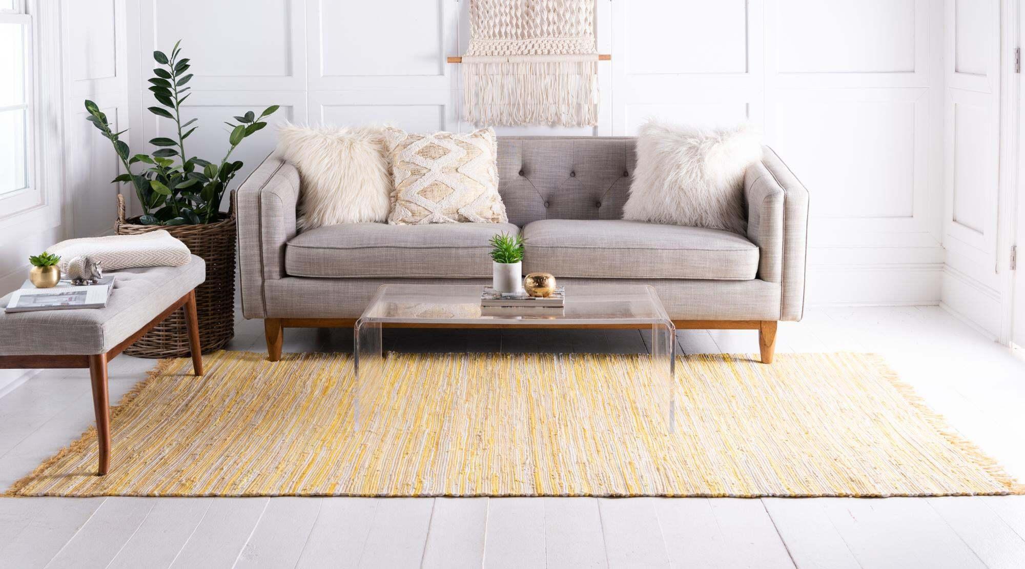 Unique Loom Indoor Rugs - Chindi Cotton Geometric Rectangular 9x12 Rug Yellow & Ivory