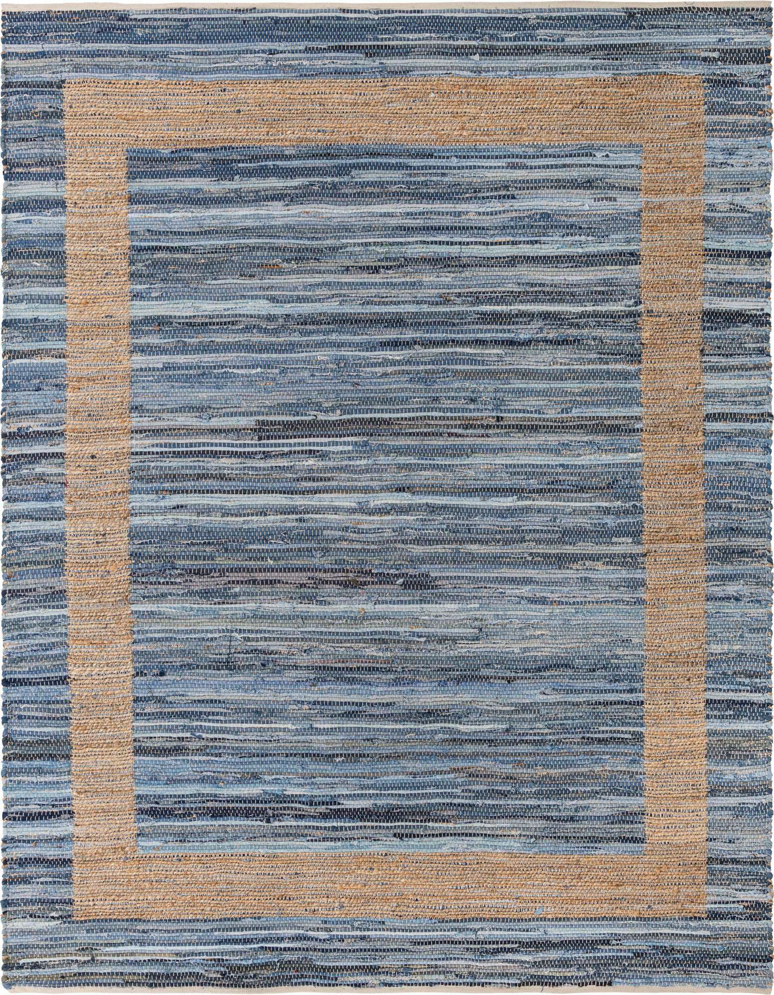 Unique Loom Indoor Rugs - Chindi Jute Border Rectangular 8x11 Rug Navy Blue & Natural