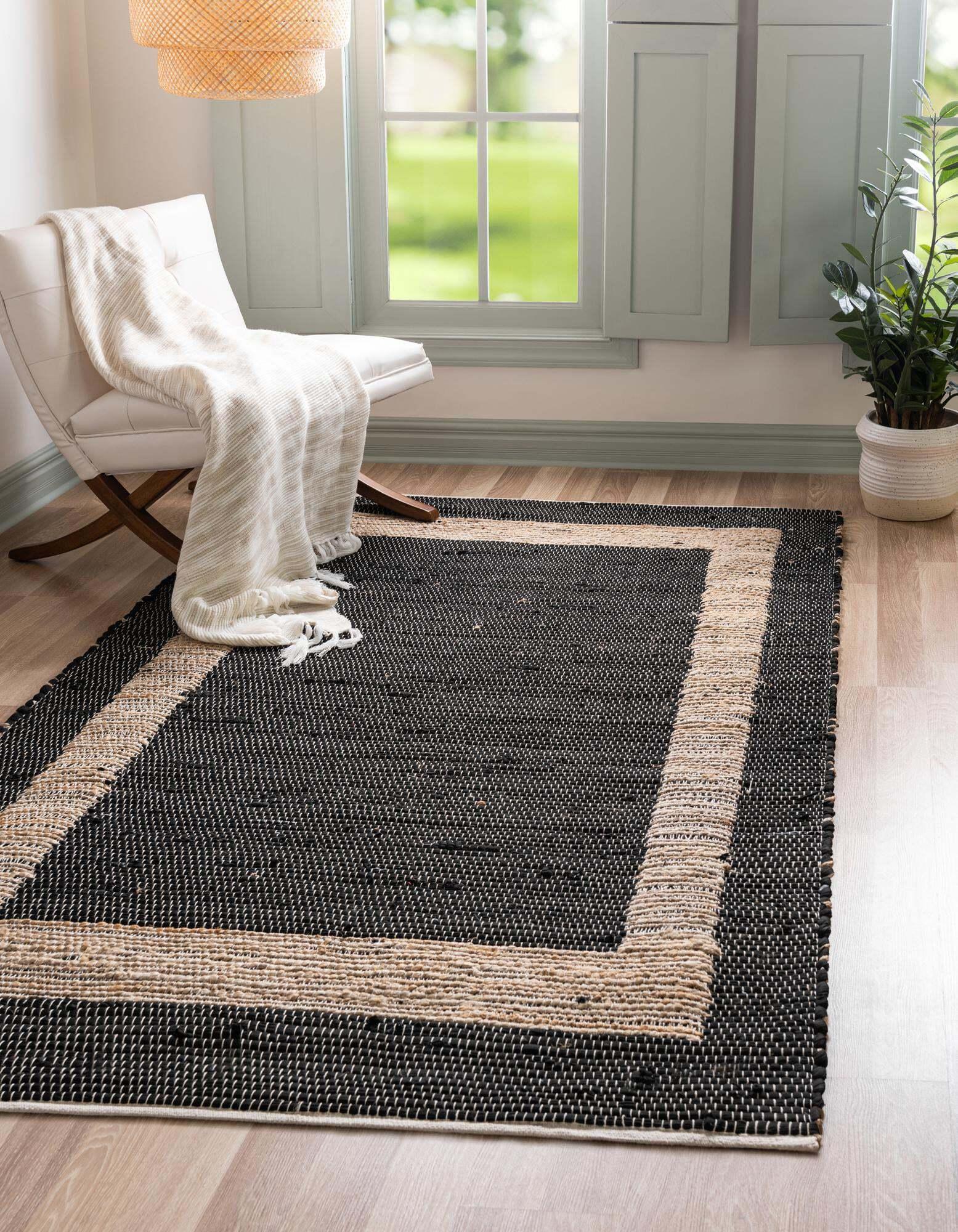 Unique Loom Indoor Rugs - Chindi Jute Border Rectangular 9x12 Rug Black & Natural