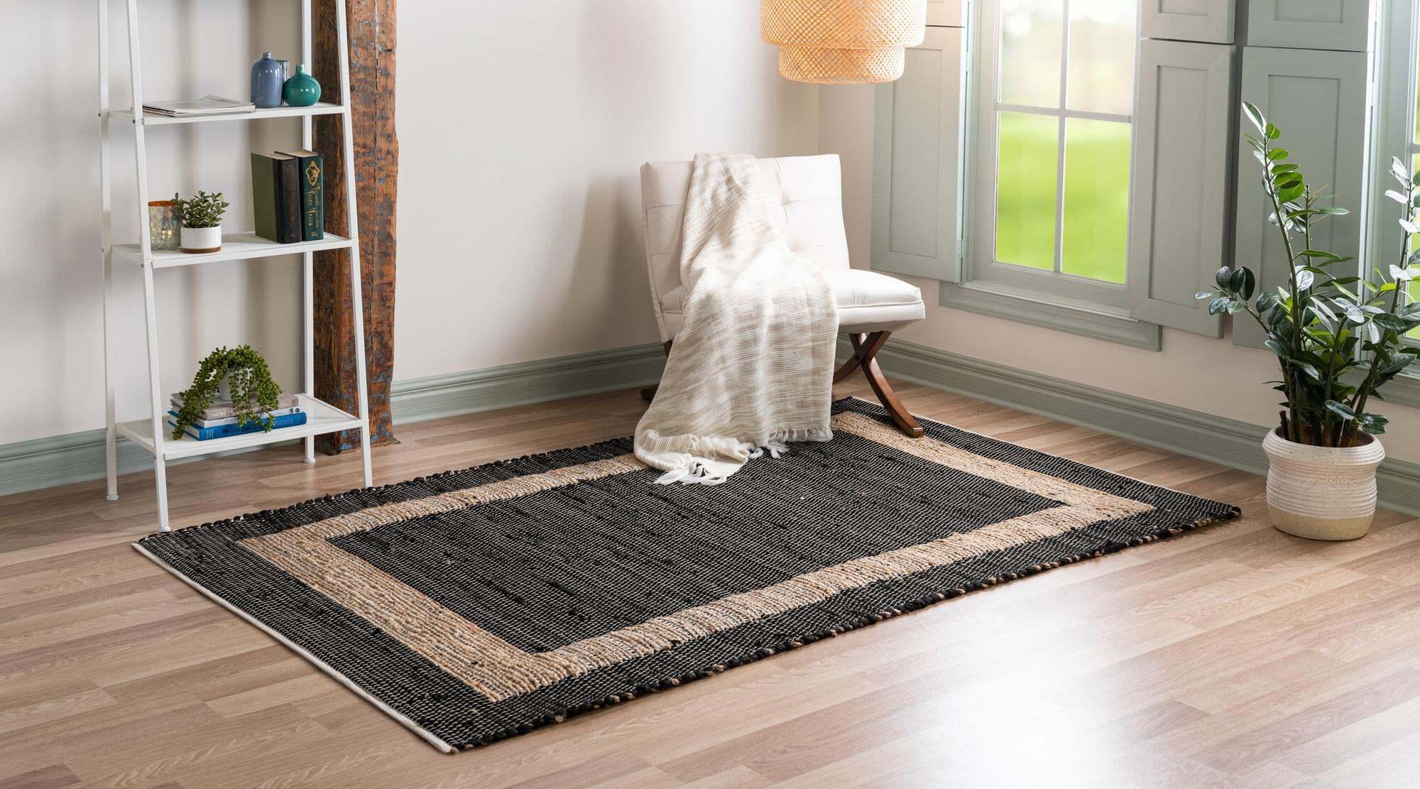 Unique Loom Indoor Rugs - Chindi Jute Border Rectangular 9x12 Rug Black & Natural