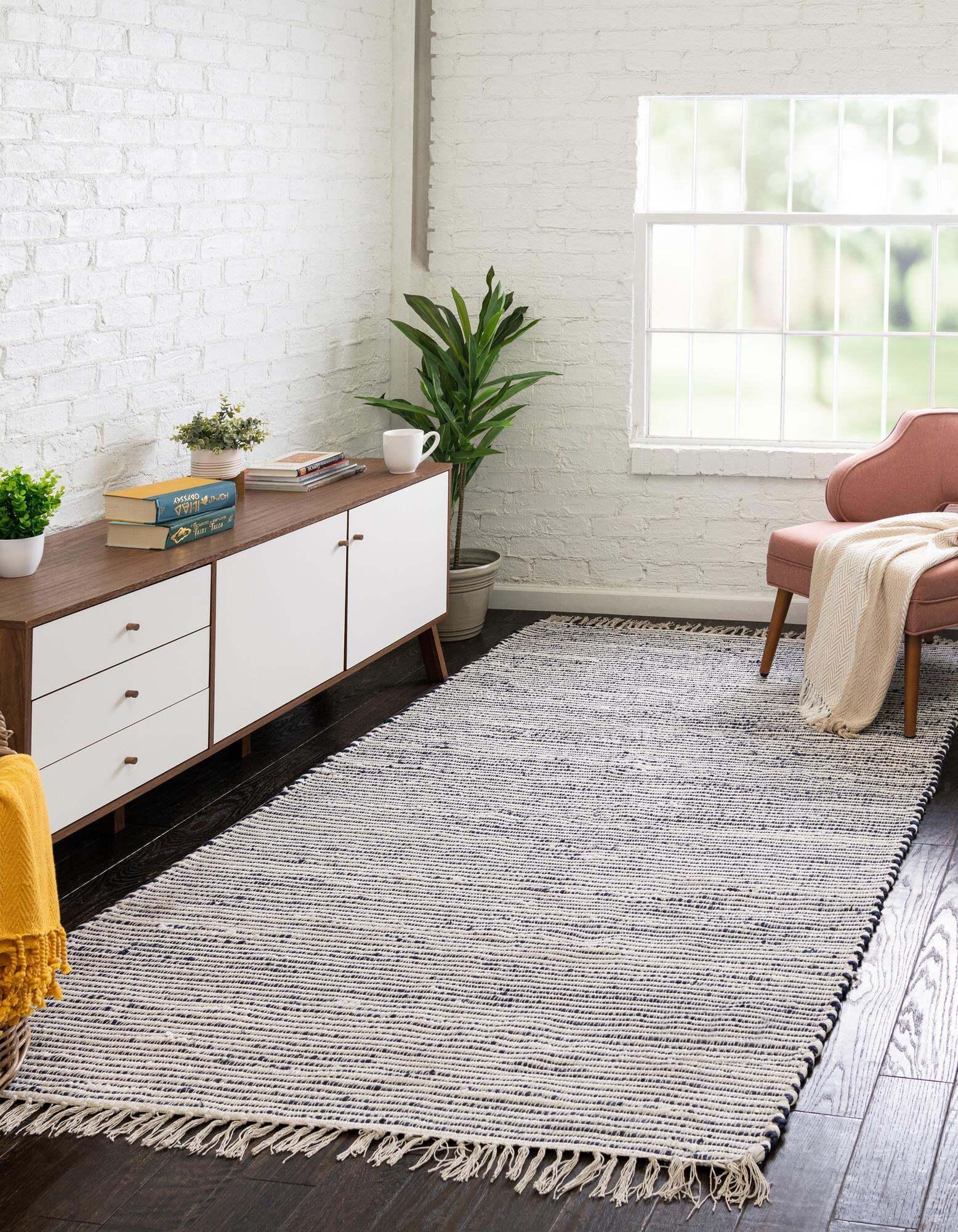 Unique Loom Indoor Rugs - Chindi Jute Lines Rectangular 9x12 Rug Navy Blue & Ivory