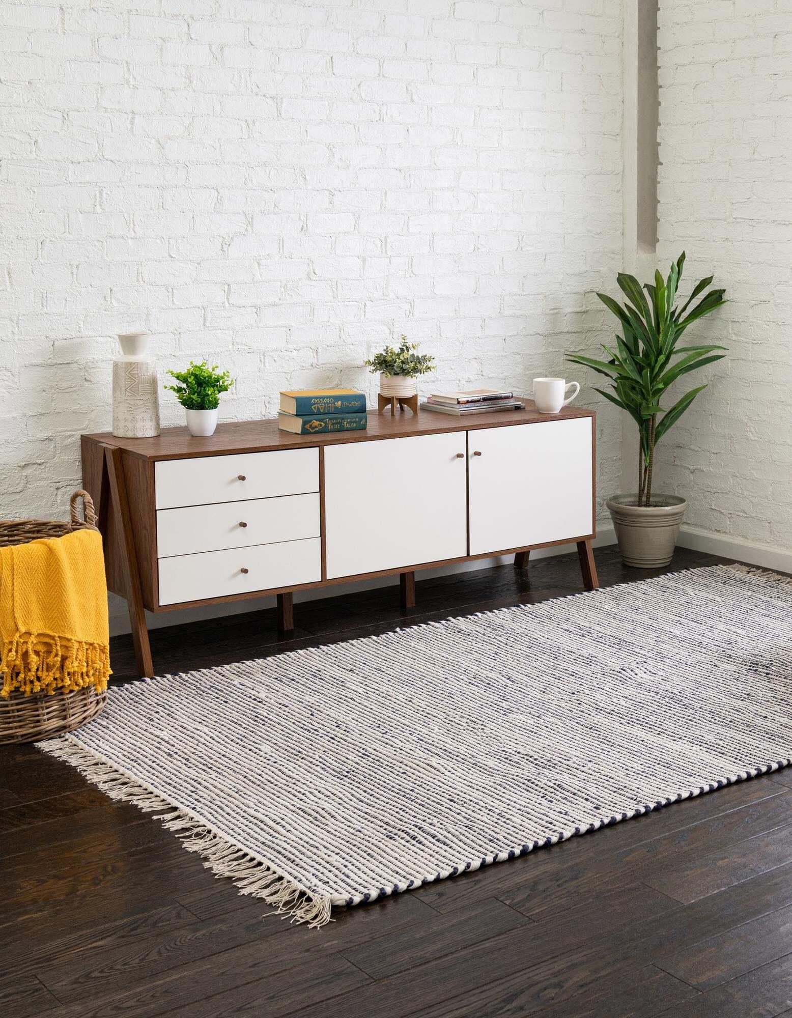 Unique Loom Indoor Rugs - Chindi Jute Lines Rectangular 9x12 Rug Navy Blue & Ivory