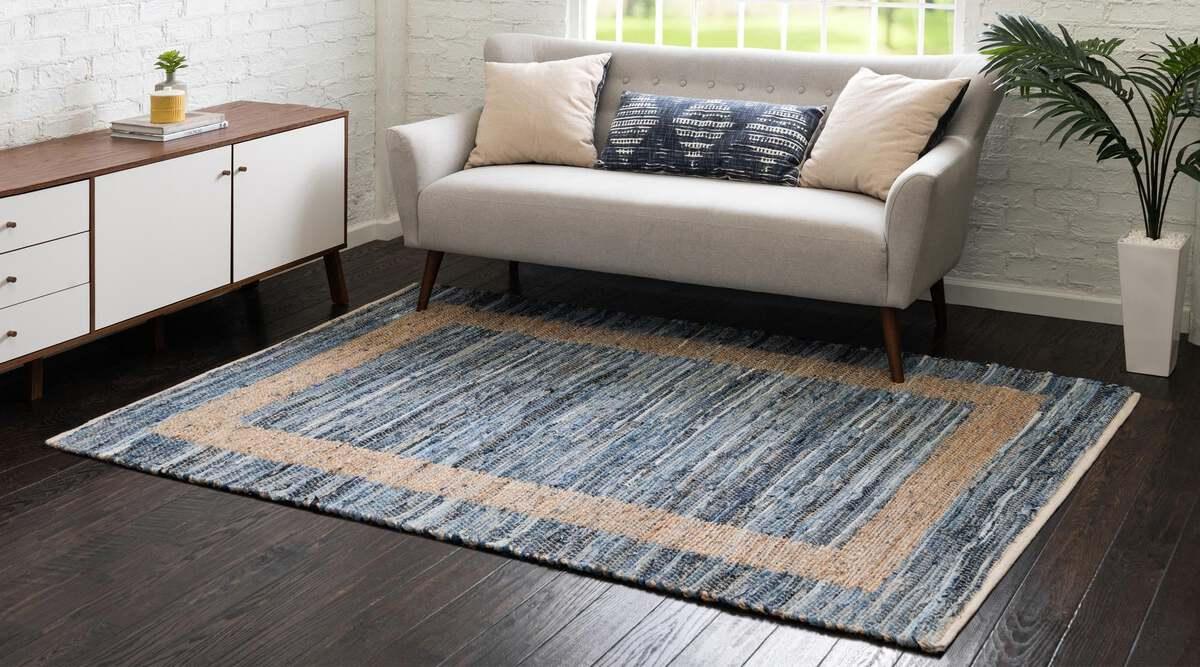 Unique Loom Indoor Rugs - Chindi Jute Modern 10x14 Rectangular Rug Navy Blue