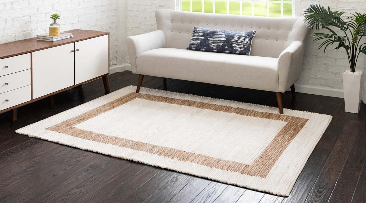 Unique Loom Indoor Rugs - Chindi Jute Modern 10x14 Rectangular Rug White/Natural