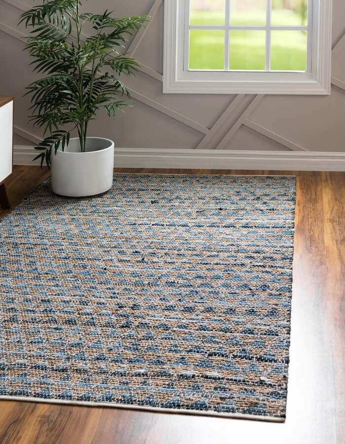 Unique Loom Indoor Rugs - Chindi Jute Rustic 10x14 Rectangular Rug Blue