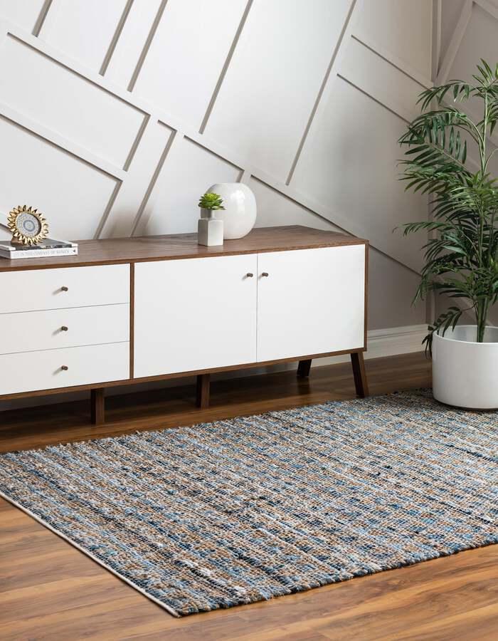 Unique Loom Indoor Rugs - Chindi Jute Rustic 10x14 Rectangular Rug Blue