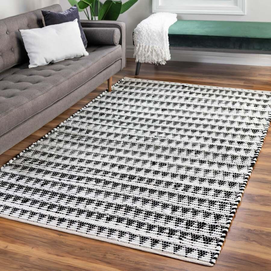 Unique Loom Indoor Rugs - Chindi Jute Rustic 10x14 Rectangular Rug White/Black