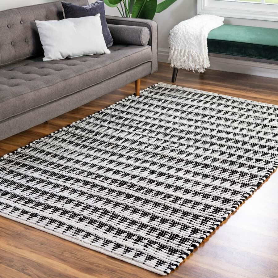 Unique Loom Indoor Rugs - Chindi Jute Rustic 10x14 Rectangular Rug White/Black