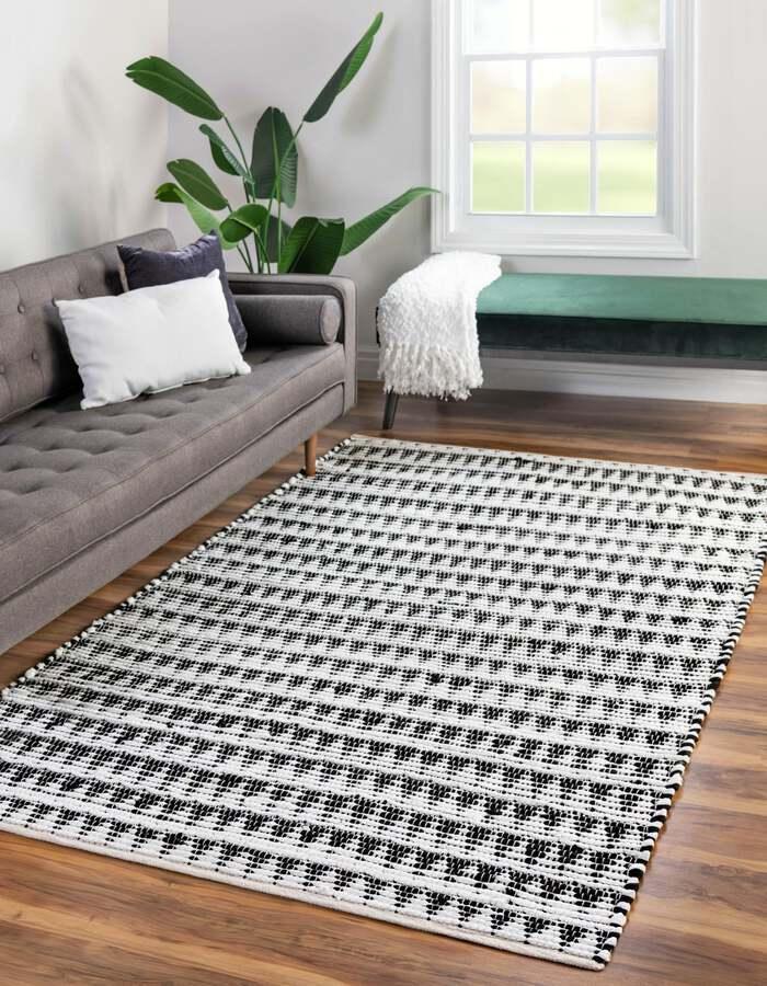 Unique Loom Indoor Rugs - Chindi Jute Rustic 10x14 Rectangular Rug White/Black