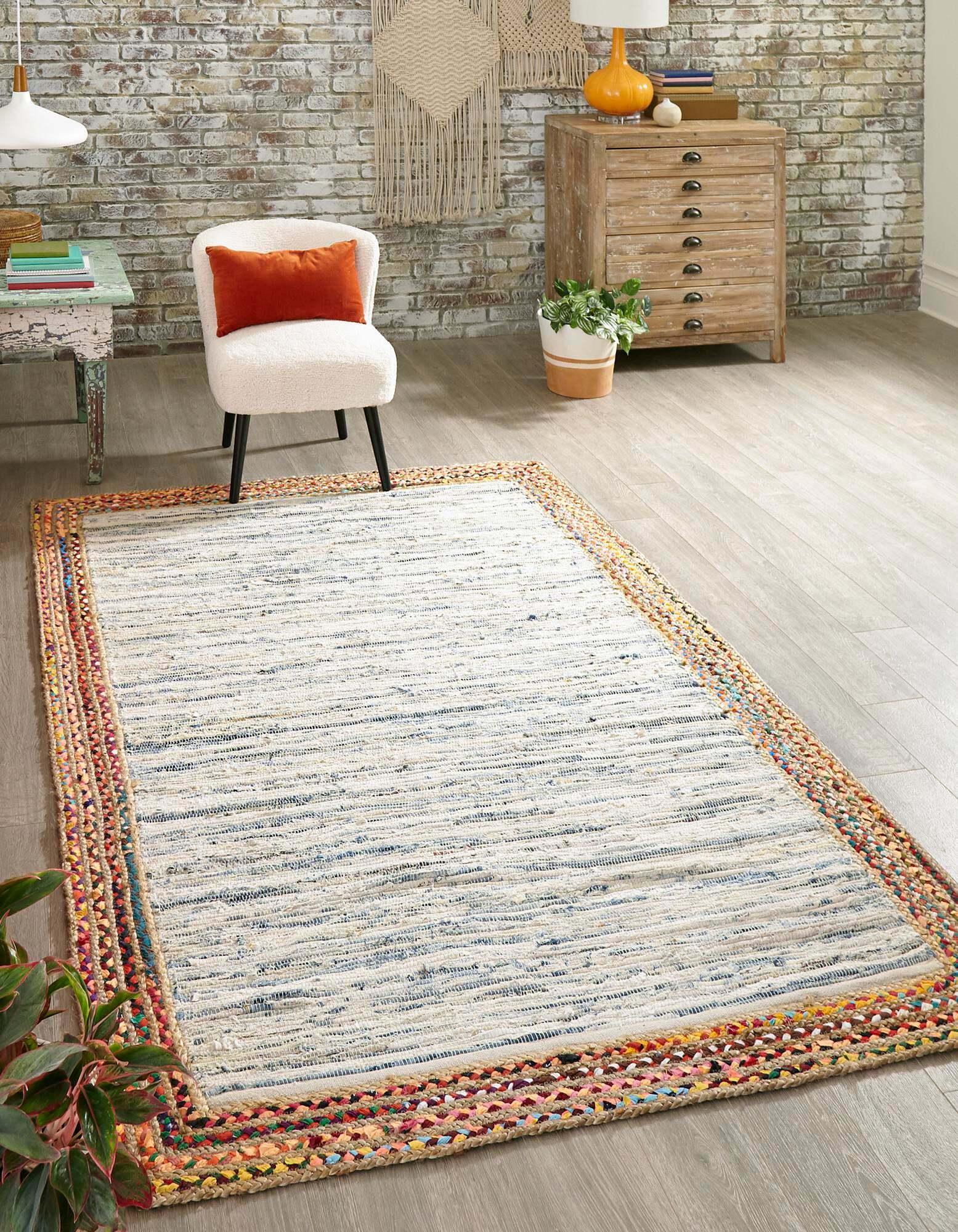 Unique Loom Indoor Rugs - Chindi Jute Striped Rectangular 9x12 Rug Ivory & Gray