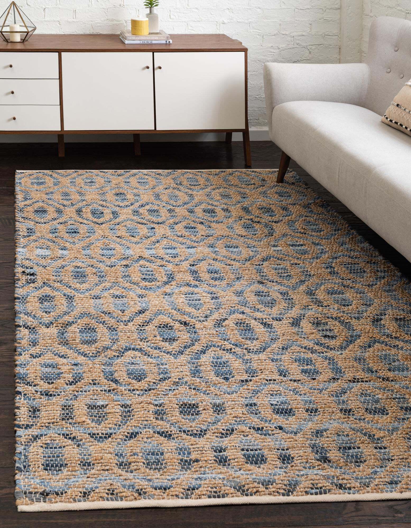 Unique Loom Indoor Rugs - Chindi Jute Trellis Rectangular 9x12 Rug Blue & Natural