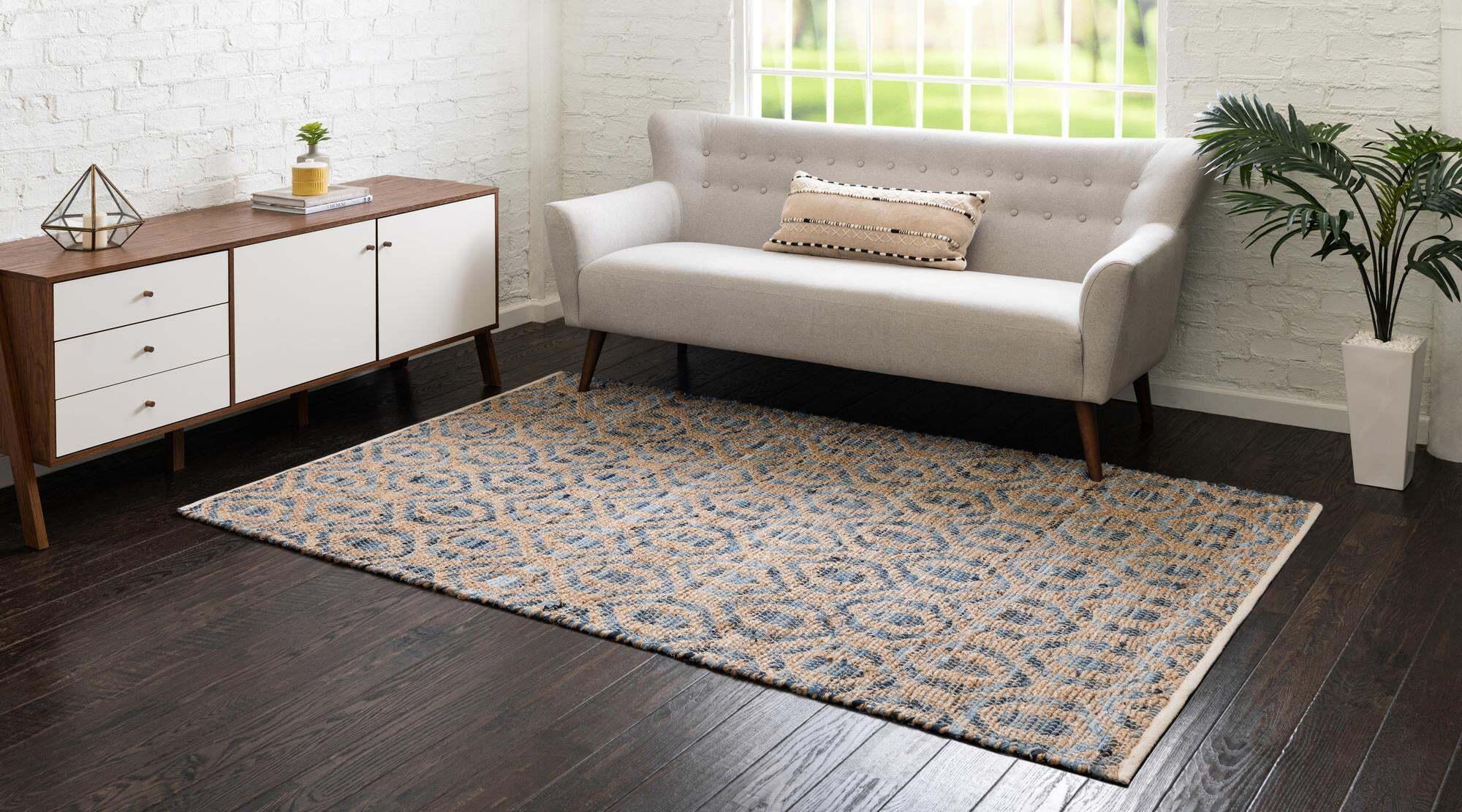 Unique Loom Indoor Rugs - Chindi Jute Trellis Rectangular 9x12 Rug Blue & Natural