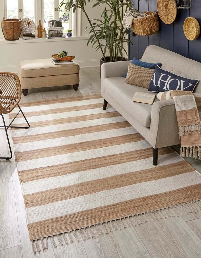 Unique Loom Indoor Rugs - Chindi Rag Modern 12x16 Rectangular Rug Beige