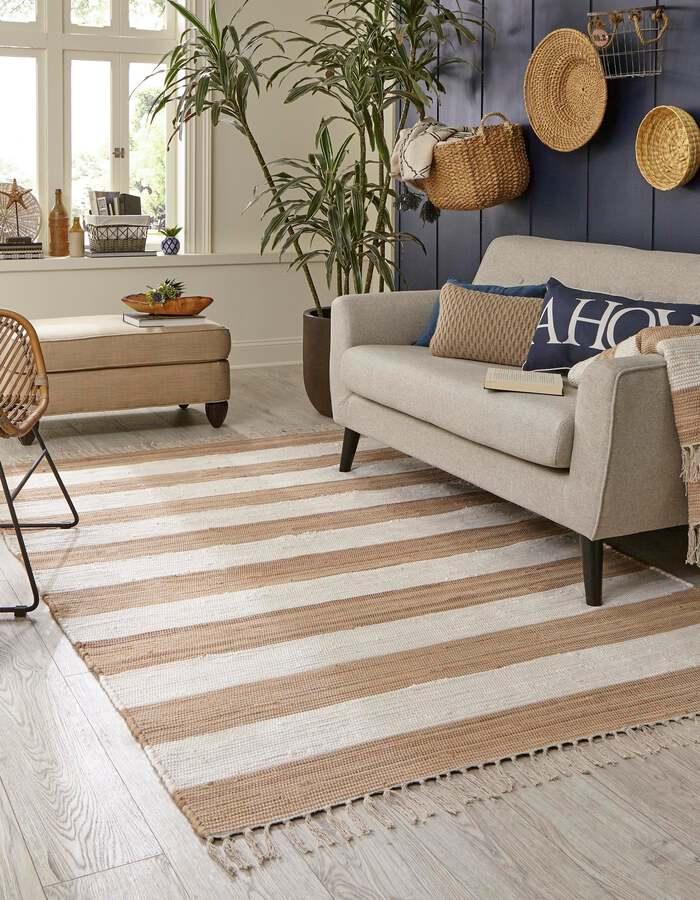 Unique Loom Indoor Rugs - Chindi Rag Modern 12x16 Rectangular Rug Beige