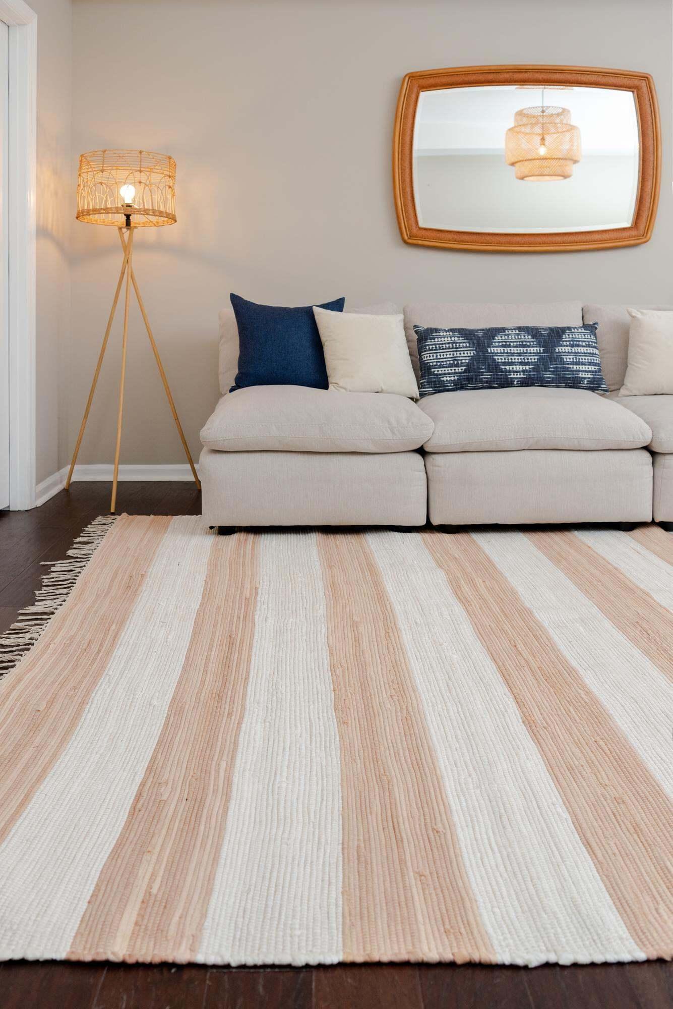 Unique Loom Indoor Rugs - Chindi Rag Striped Rectangular 8x10 Rug Beige & Tan