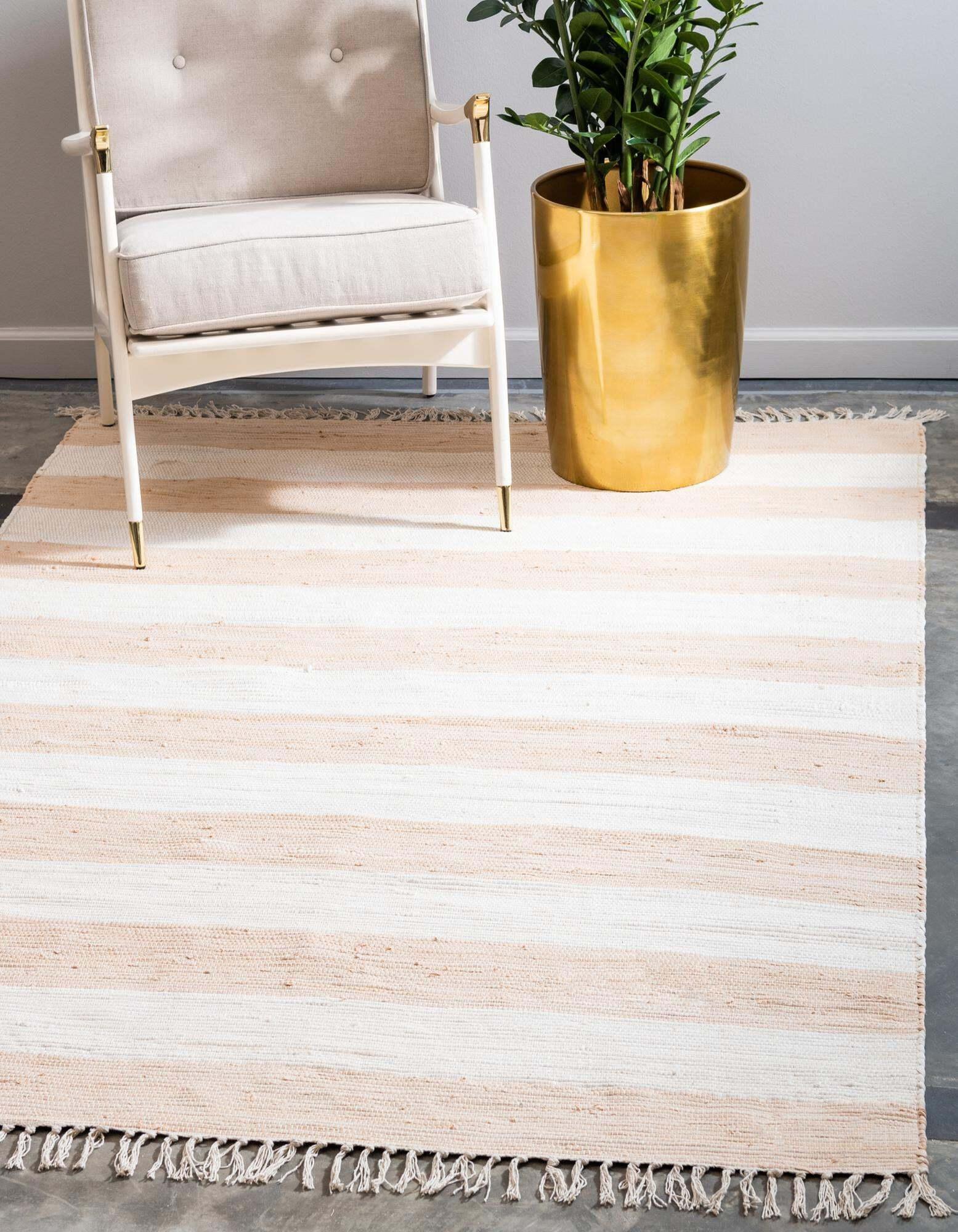 Unique Loom Indoor Rugs - Chindi Rag Striped Rectangular 8x10 Rug Beige & Tan