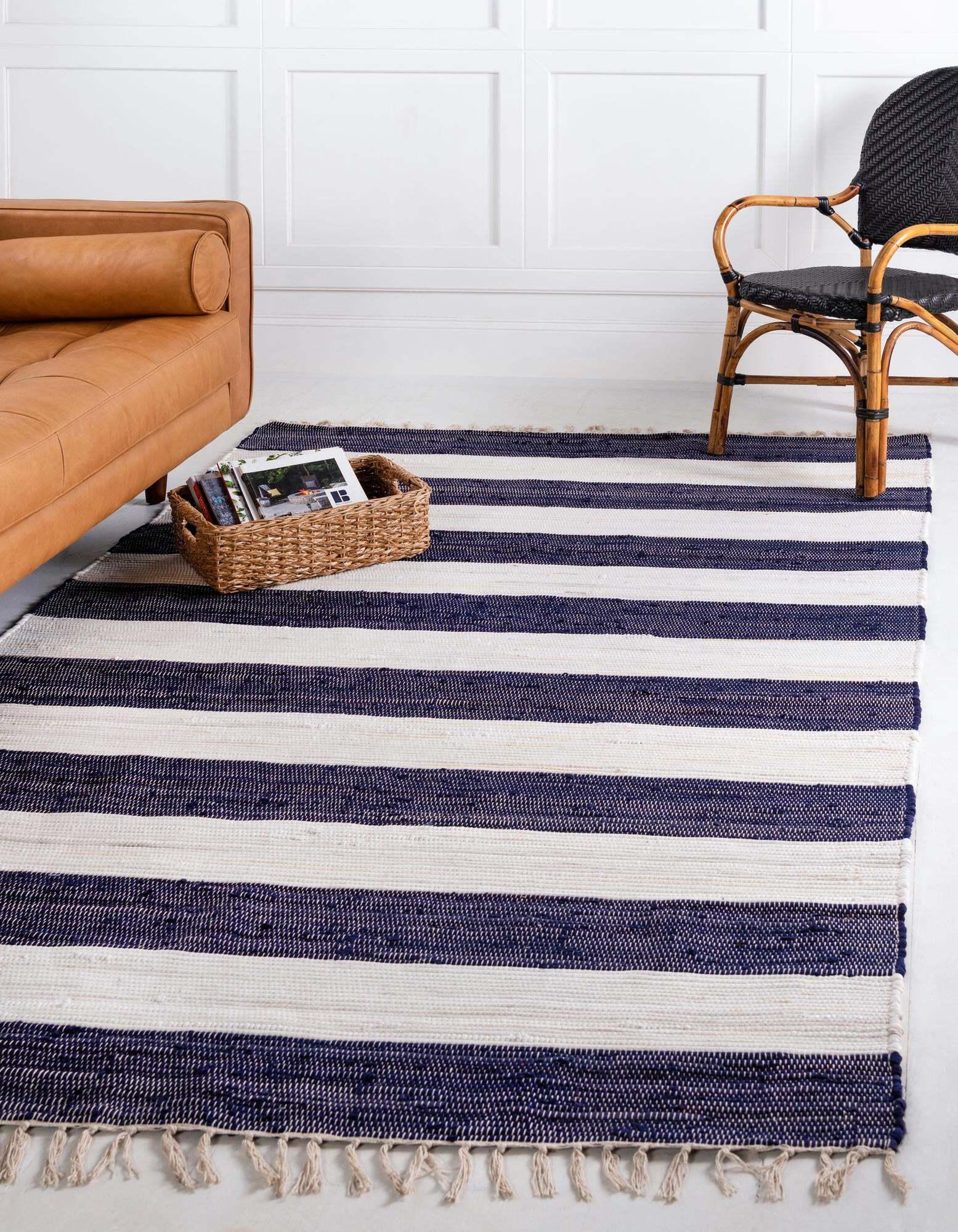 Unique Loom Indoor Rugs - Chindi Rag Striped Rectangular 9x12 Rug Navy Blue & Ivory