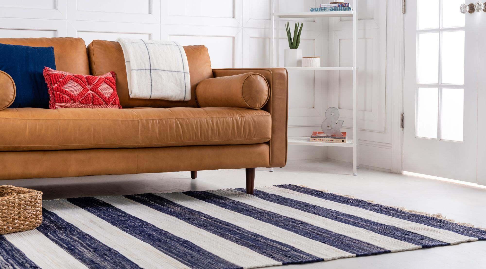 Unique Loom Indoor Rugs - Chindi Rag Striped Rectangular 9x12 Rug Navy Blue & Ivory