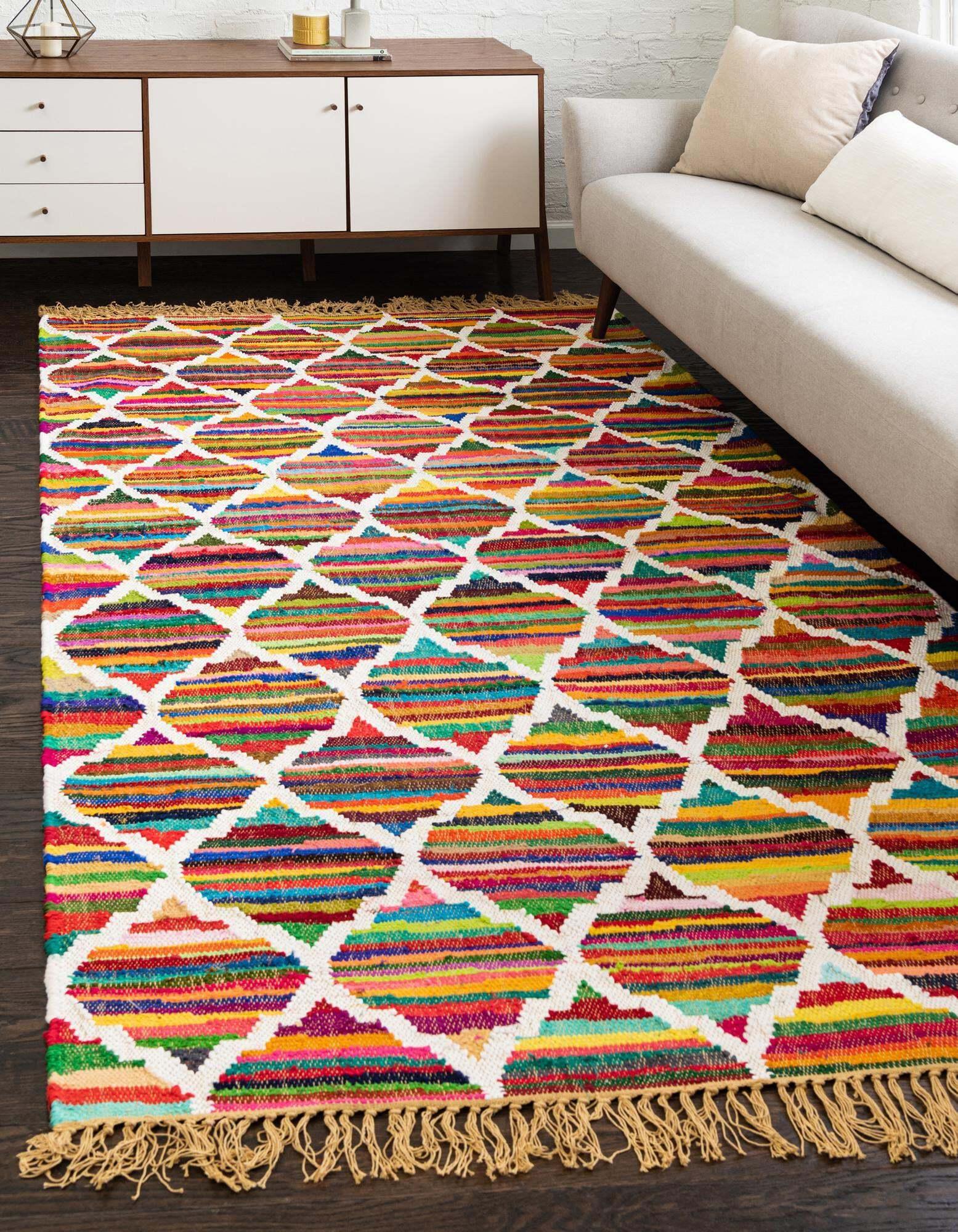 Unique Loom Indoor Rugs - Chindi Trellis Abstract Rectangular 8x11 Rug Multi & Ivory