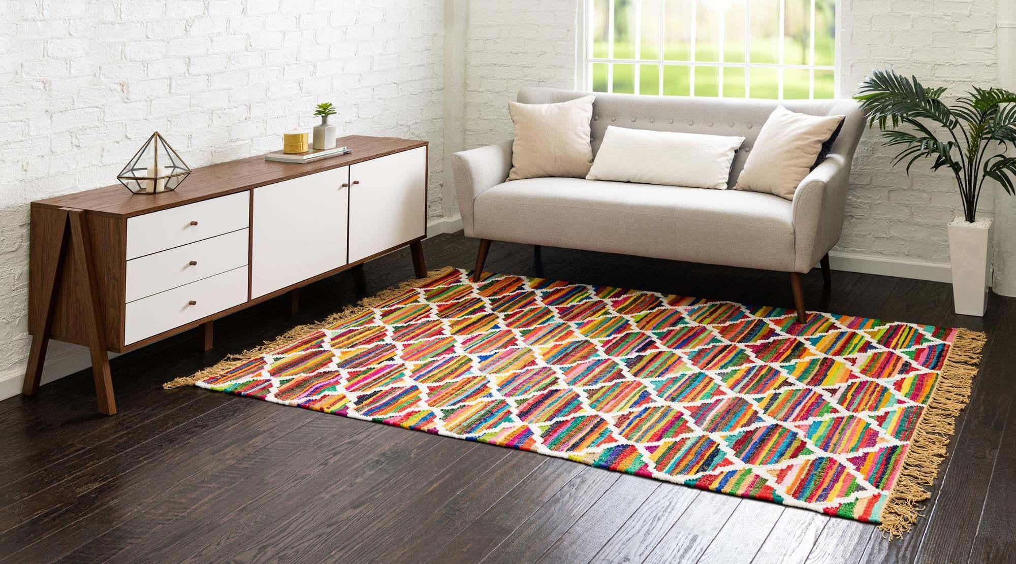 Unique Loom Indoor Rugs - Chindi Trellis Abstract Rectangular 8x11 Rug Multi & Ivory