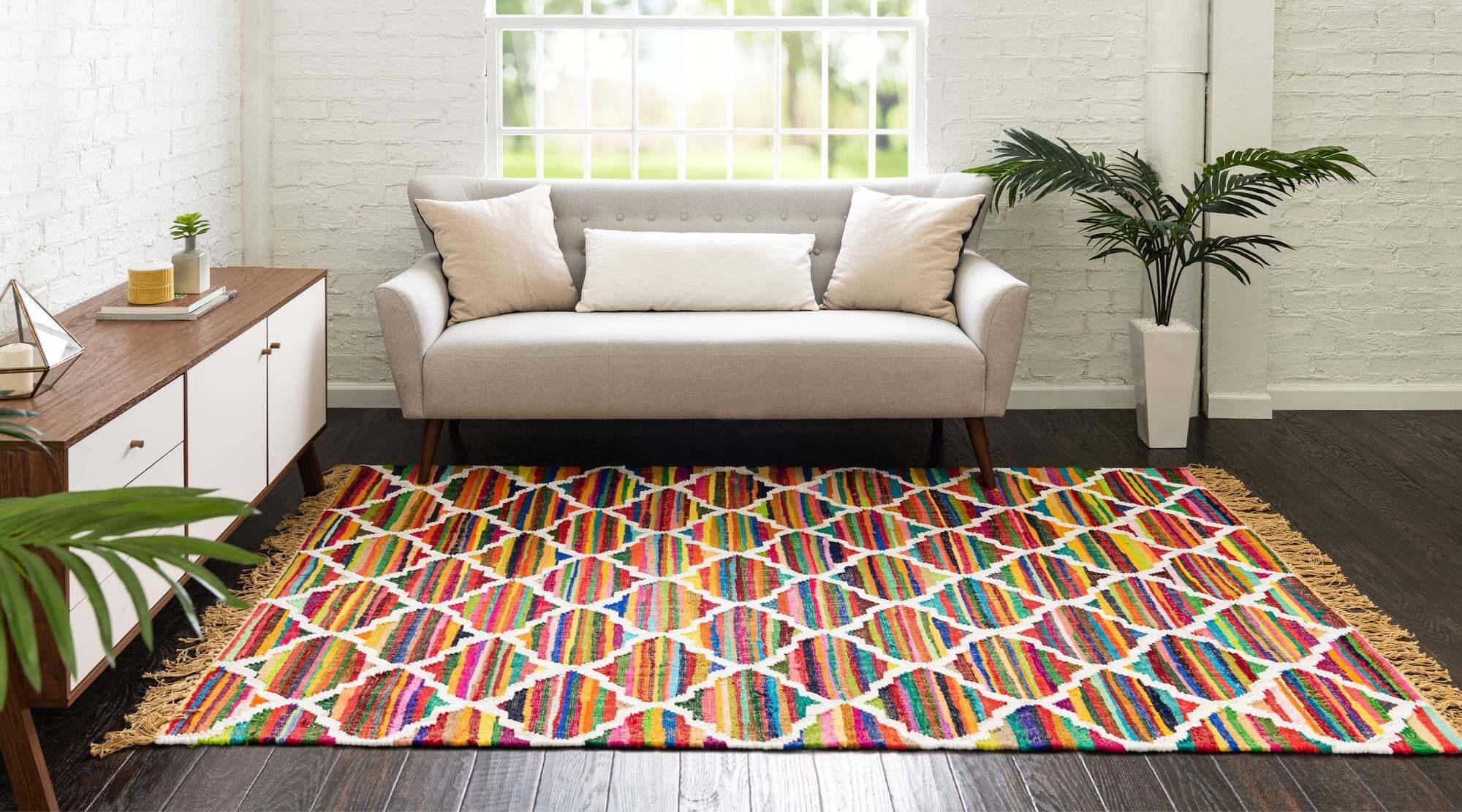 Unique Loom Indoor Rugs - Chindi Trellis Abstract Rectangular 8x11 Rug Multi & Ivory