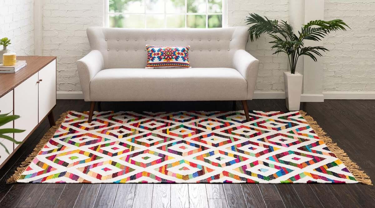 Unique Loom Indoor Rugs - Chindi Trellis Farmhouse 8x11 Rectangular Rug Multi