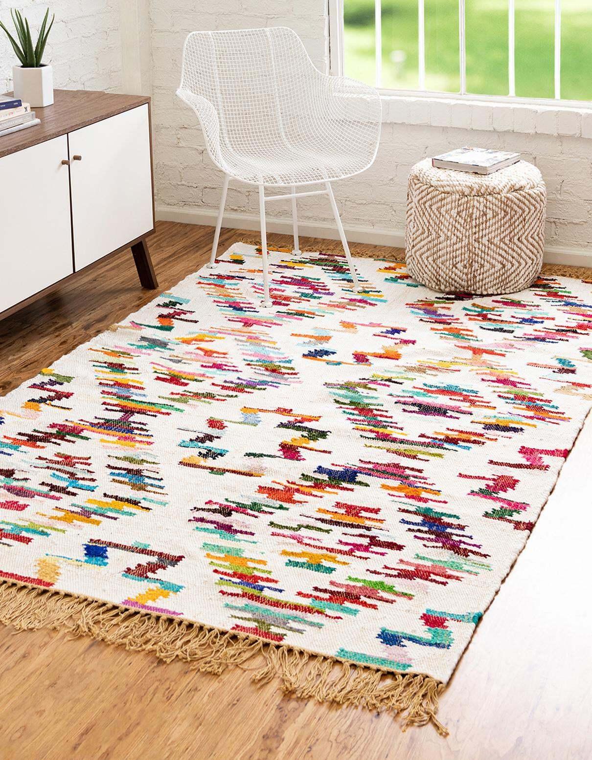 Unique Loom Indoor Rugs - Chindi Trellis Ikat Rectangular 8x11 Rug Ivory & Multi