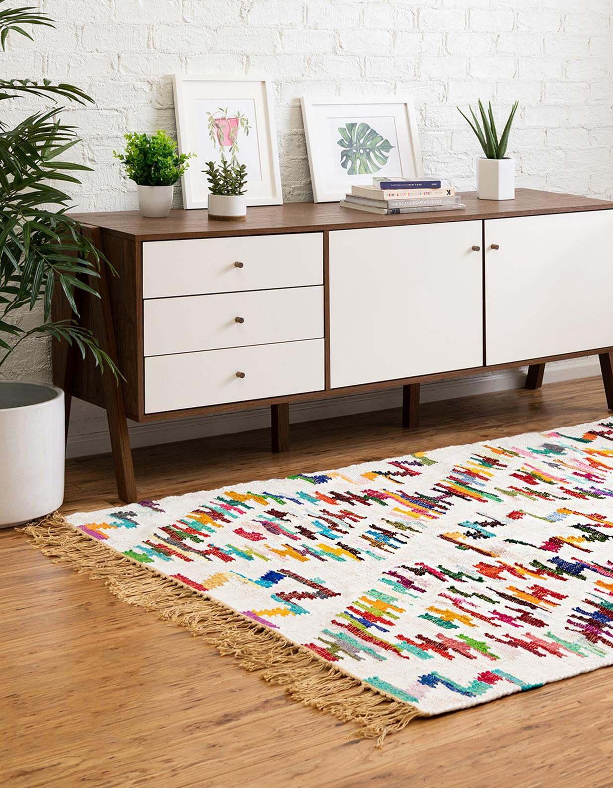 Unique Loom Indoor Rugs - Chindi Trellis Ikat Rectangular 8x11 Rug Ivory & Multi