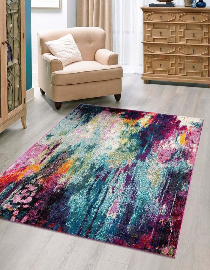 Unique Loom Indoor Rugs - Chromatic Abstract Palace Multi & Light Blue